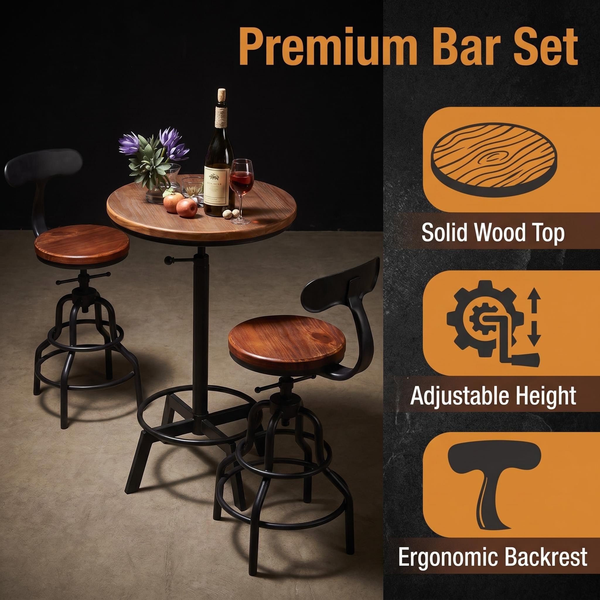 Diwhy 3 Piece Bar Set Industrial Style Adjustable Dia 19.7" Bar Table and 2 Stools with Backrest for Kitchen, Pub, Bistro
