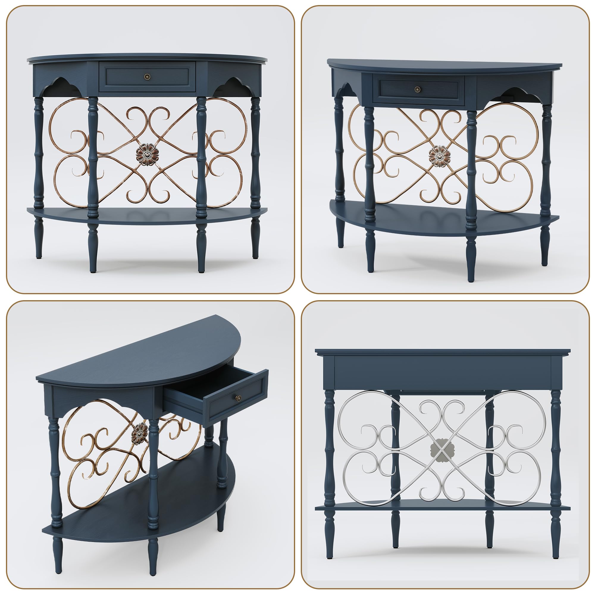 Half Moon Console Table with Drawer & Shelf