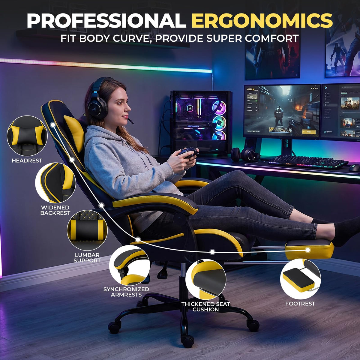 Ergonomic Video Gaming Chair Blackyellow