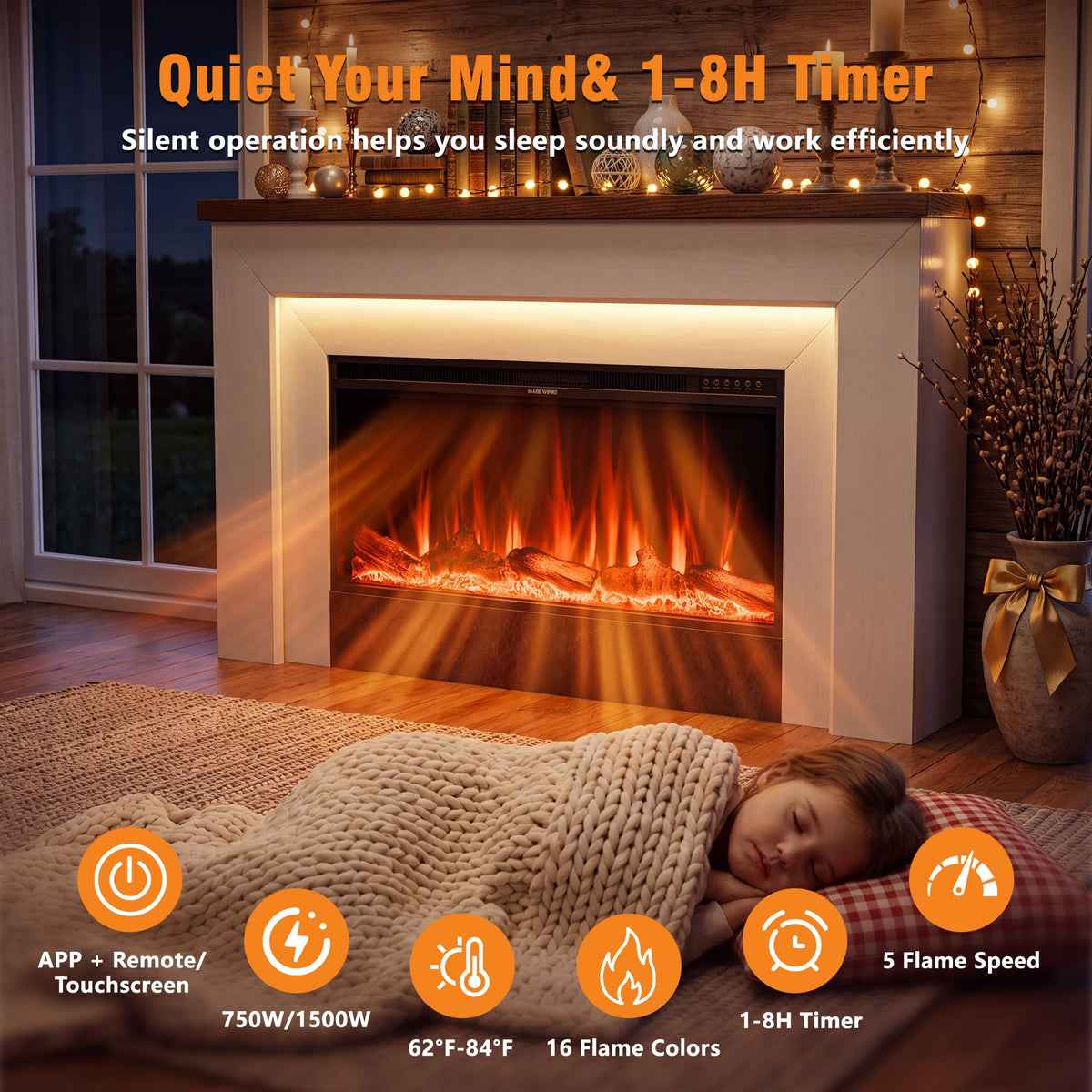 Weyderk 62" Electric Fireplace with Mantel, TV Stand with 42" Insert, 15 LED Colors & 15 Realistic 3D Flame Effects, Remote Control, 1-8h Timer, 62–84℉ Adjustable Thermostat, White