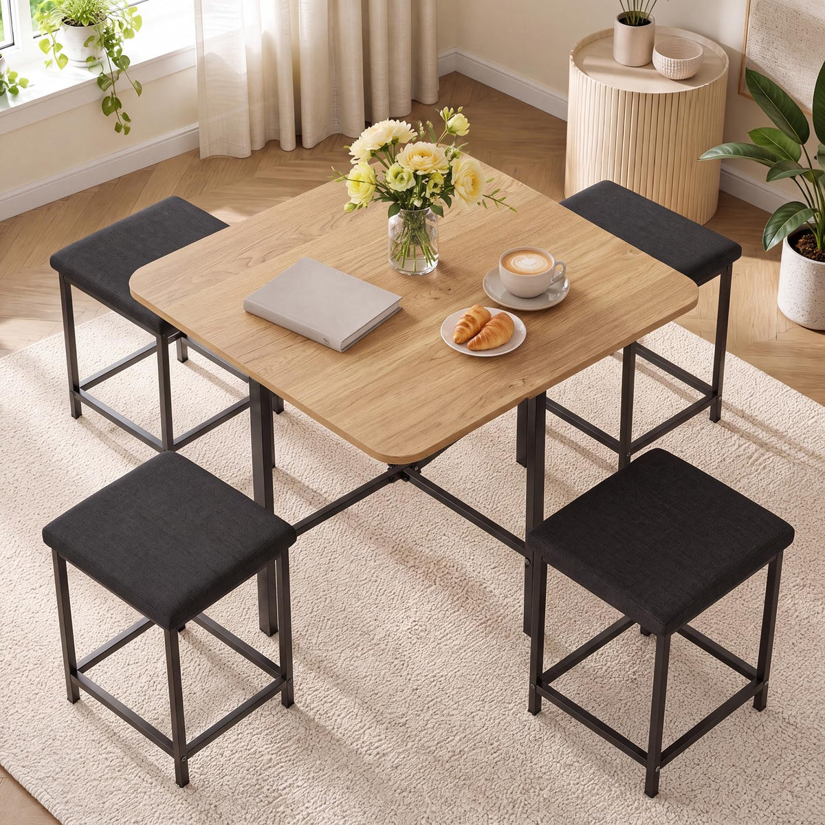 COSTWAY Dining Table Set for 4, Kitchen Table with Stools (Natural & Black)