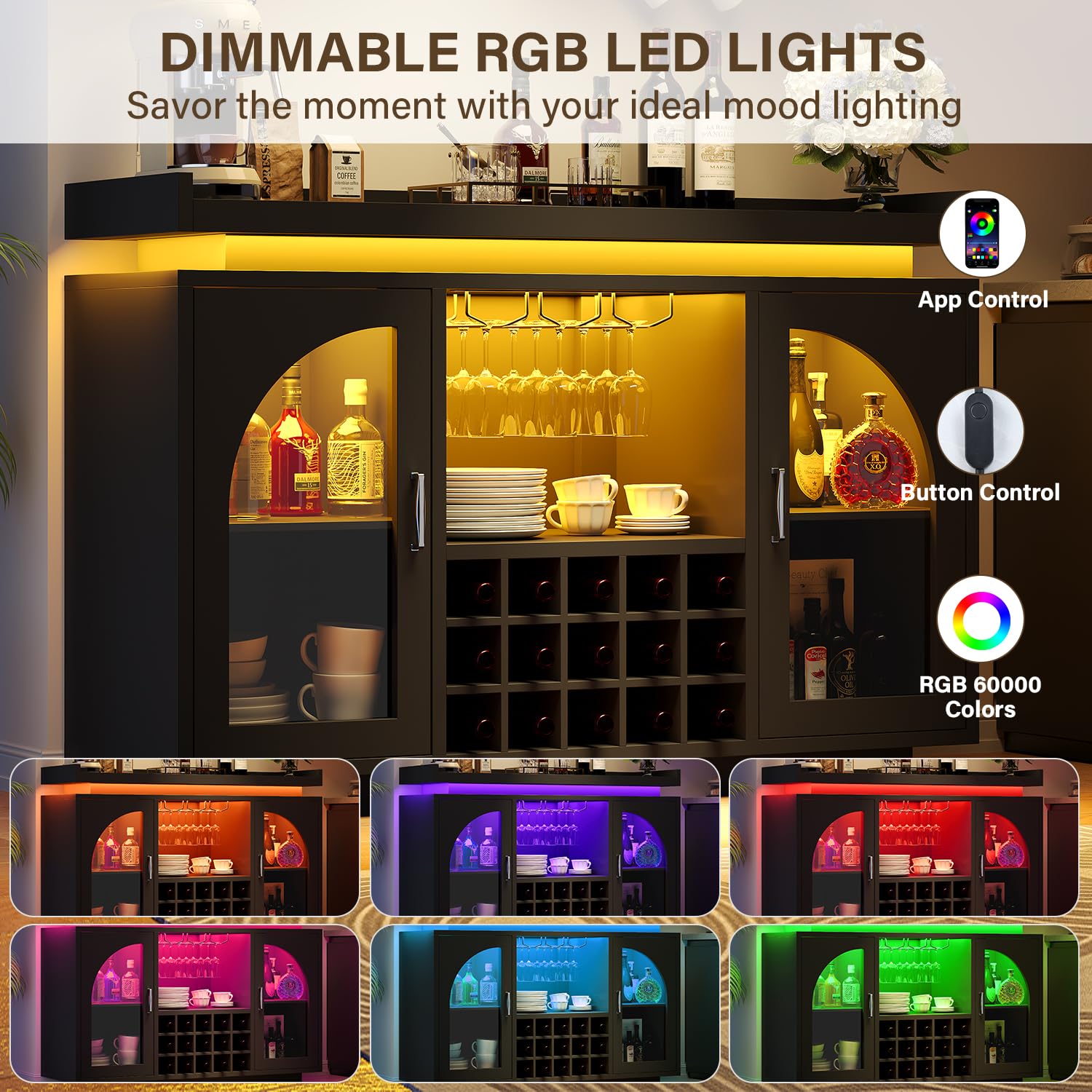 knoworld Wine Bar Cabinet 54'', Black Coffee Bar Cabinet with LED Lights and Outlet, Liquor Cabinet with Wine Rack & Glass Holder, Sideboard Buffet Cabinet for Dining Room, Kitchen