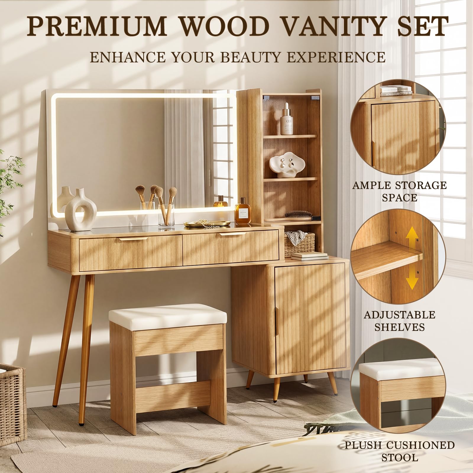 Fluted Makeup Vanity Desk with Upholstered Stool for Women, 40" Wooden Vanity Table with Mirror and Lights, Modern Glass Top, Adjustable Shelves,Dressing Table Set Charging Station for Bedroom, Oak