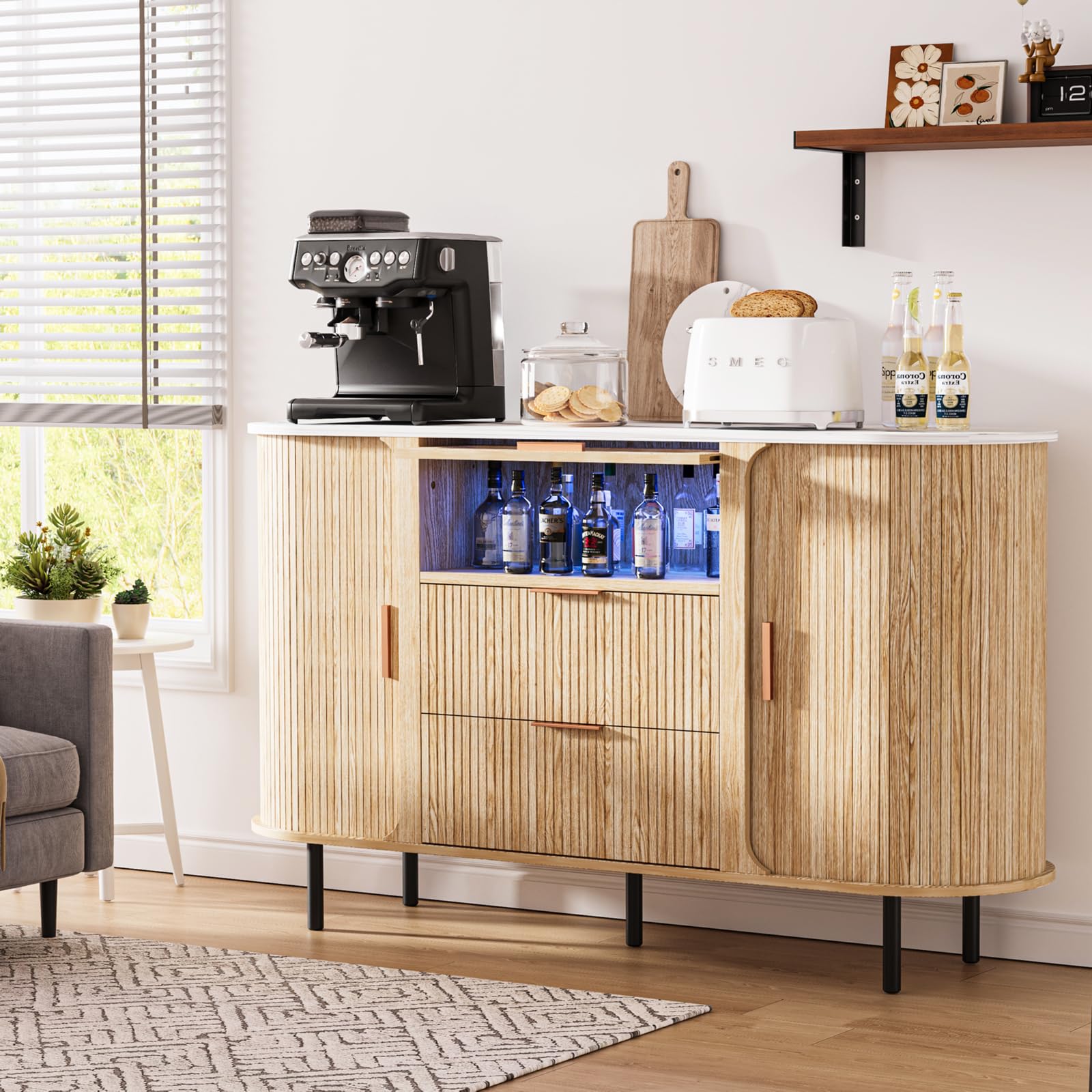 Cychuily 54" Fluted Sideboard Buffet Cabinet with Storage, Mid Century Coffee Bar with LED Light & Slide Doors, 2 Drawers, Modern Storage Cabinet for Kitchen, Living Room, Faux White Marble Top, Oak