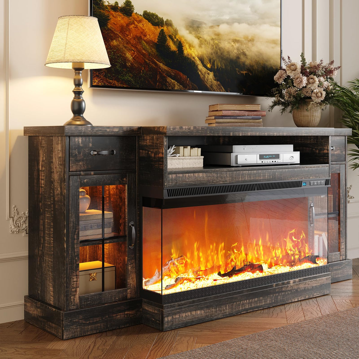 Rustic Oak Fireplace TV Stand