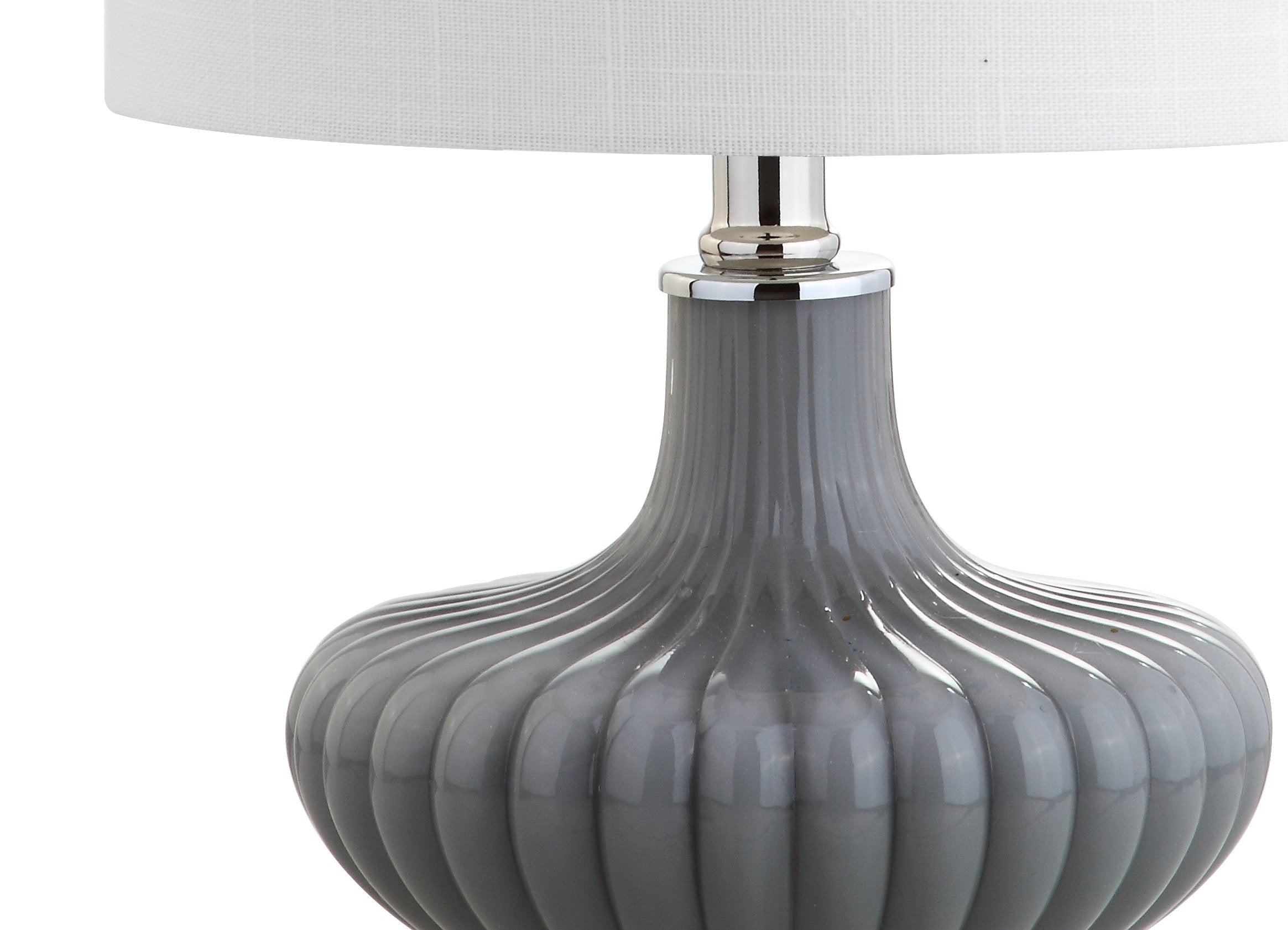 JONATHAN Y 18" Gray Fluted Glass and Lucite Table Lamp, Contemporary Teardrop Bedside Lamp with White Linen Drum Shade for Nightstand, Console Table, LED Bulb Included JYL1032A