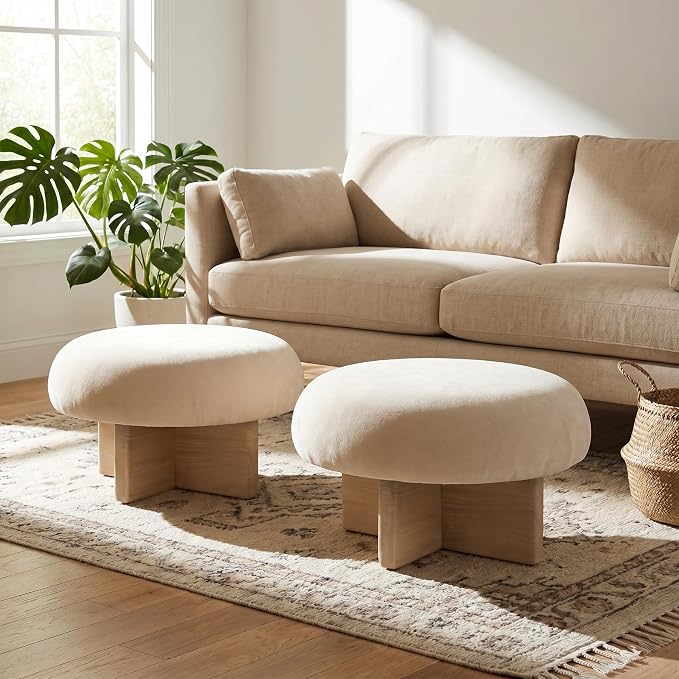 Round Chenille Ottomans, Set of 2