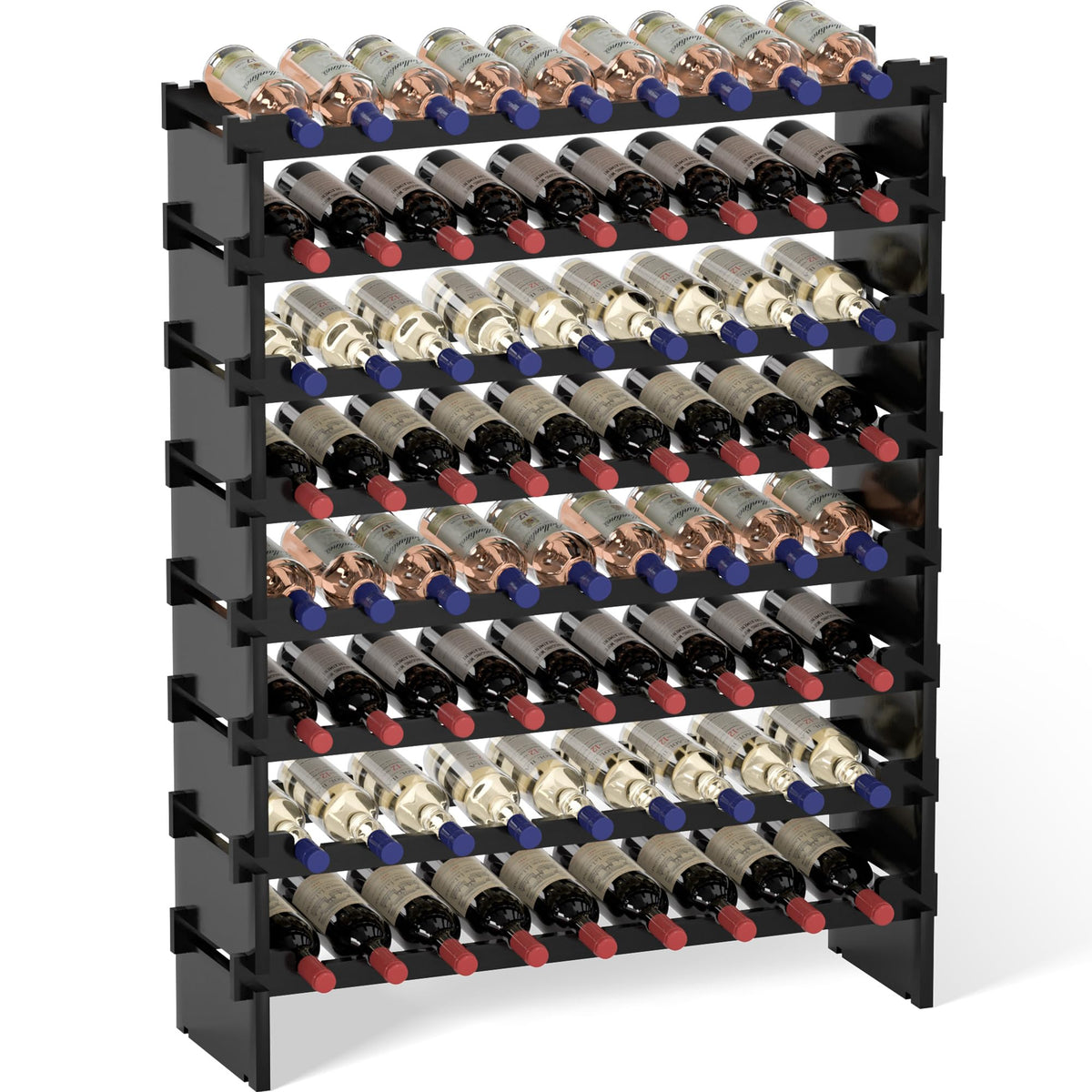 Domax Wine Rack Freestanding Floor - 8 Tiers Wine Bottle Holder 72 Bottle Stackable Bamboo Wooden Storage Racks Shelves for Kitchen, Bar, Pantry and Cellar (Black)