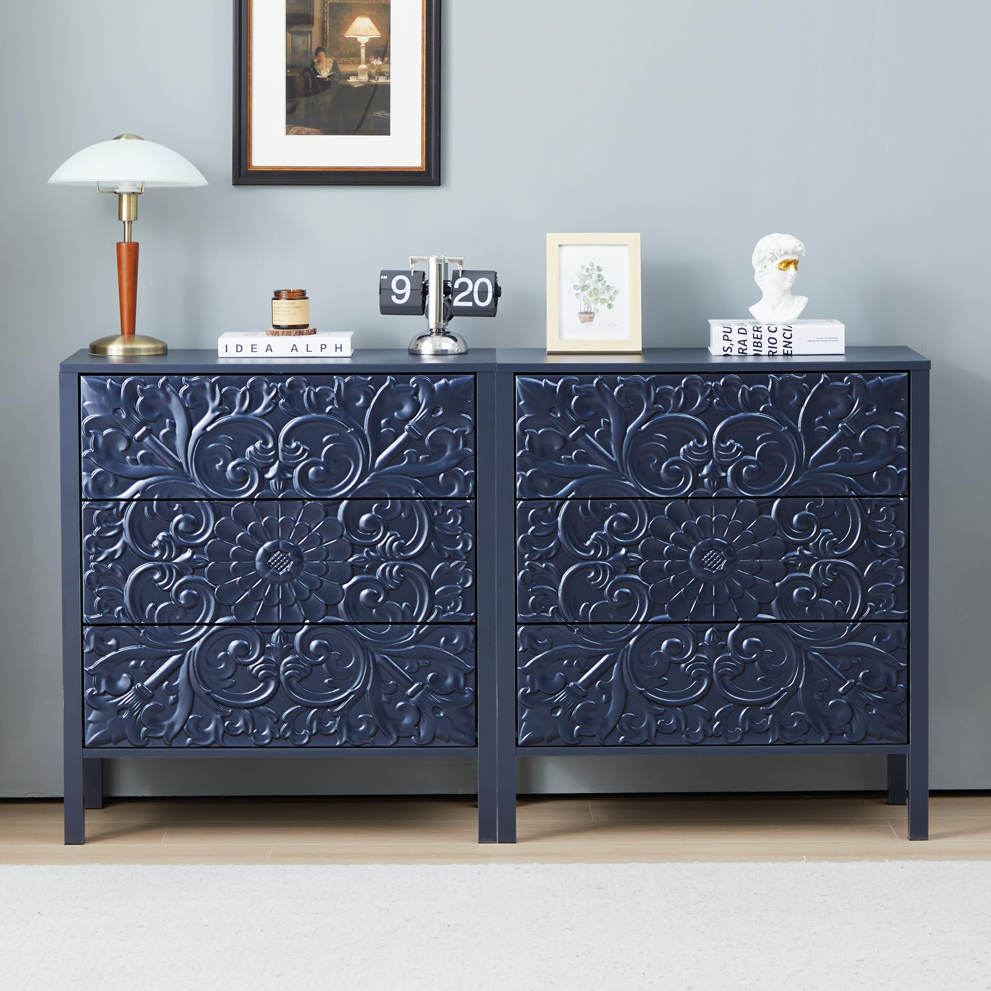 weselon 3 Drawer Flower Motif Dresser, Accent Dresser Chest with 3 Drawers, Luxury Nightstands Set of 2 for Bedroom, Small Wide Nightstand for Living Room, Bedroom, Entryway (2, Gray Blue)