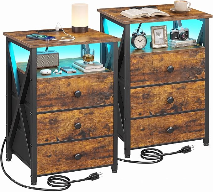 LED Nightstands with Charging Station, Set of 2