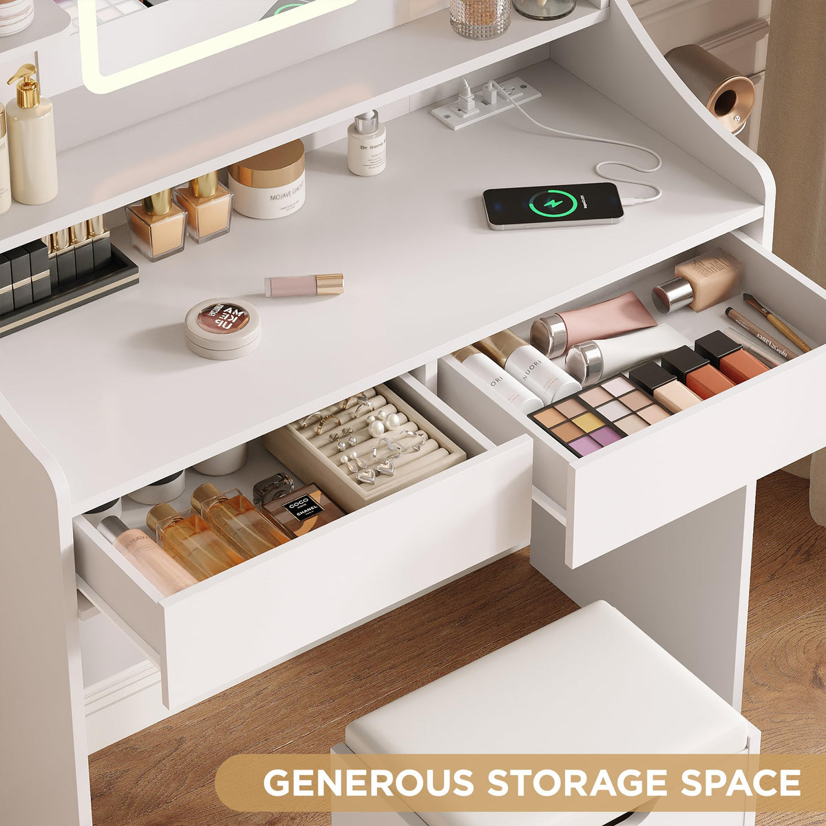 Vabches Vanity Desk with Mirror and Lights, Vanity with Lighted Mirror