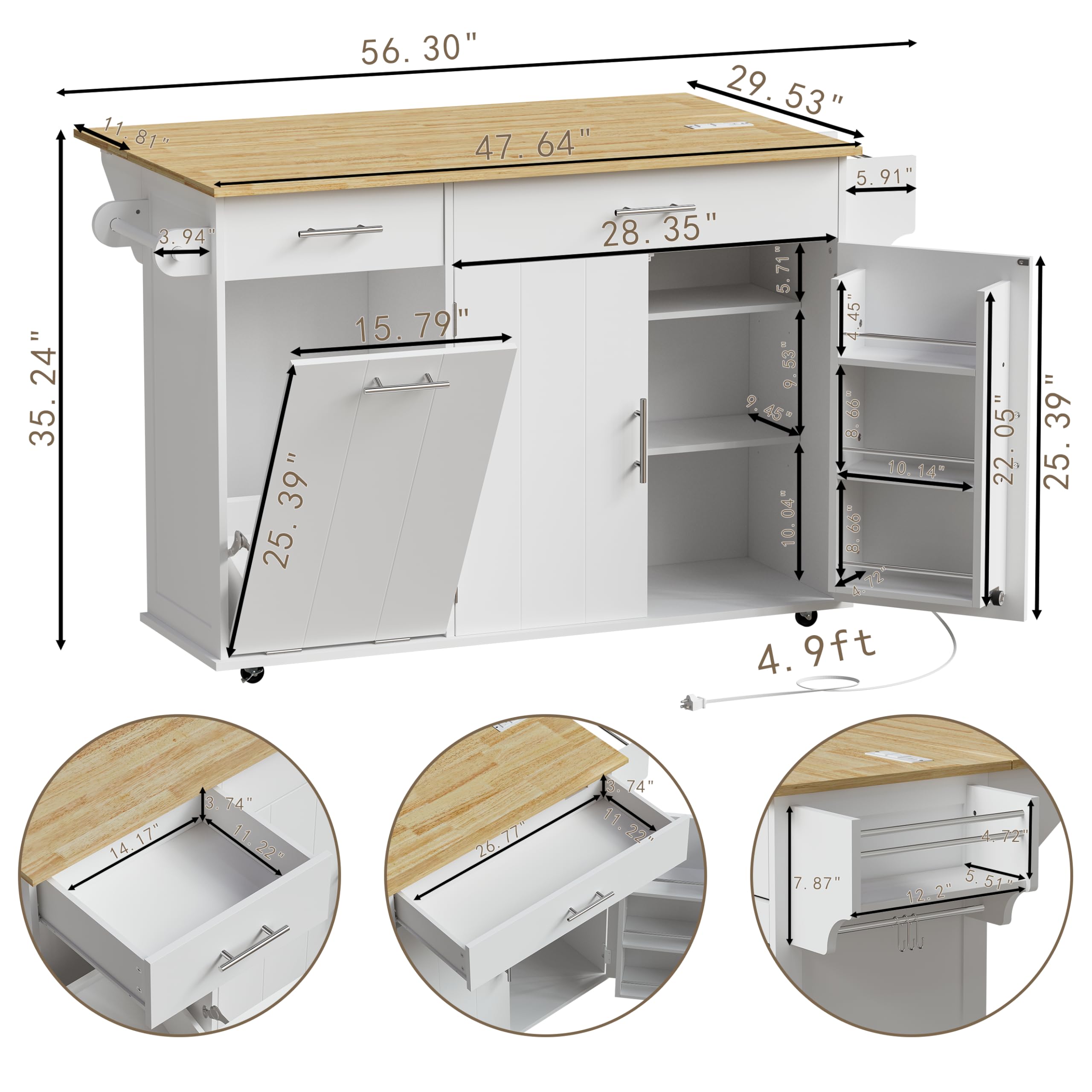 Rolling Kitchen Island with Trash Can & Drop Leaf