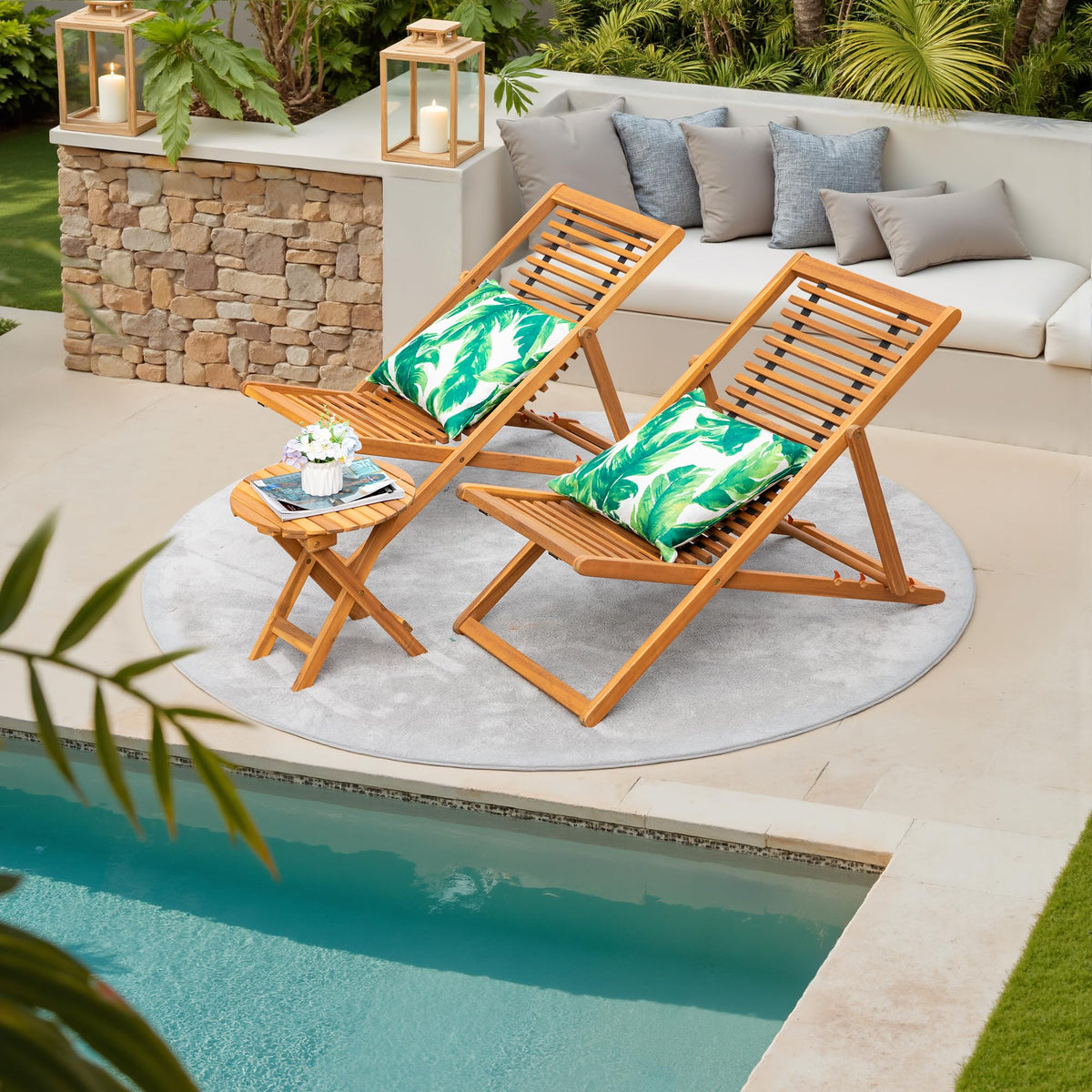 Greesum 3 Piece Patio Folding Recliner Bistro Set Acacia Wood Chairs Outdoor Chaise Lounge for Backyard Garden Pool Deck, Natural