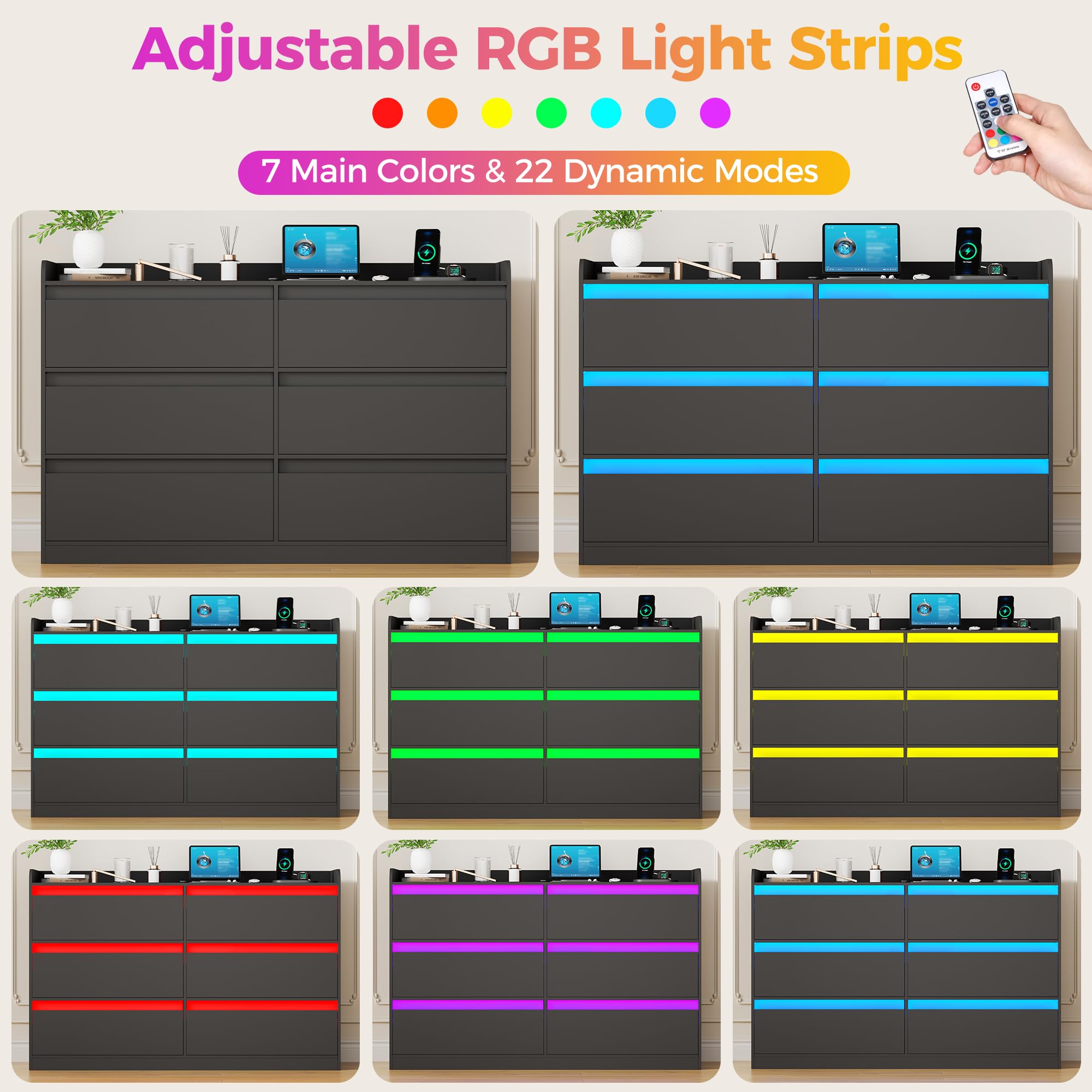 YUNSCEND Black Dresser with Power Outlet and LED Lights, Modern 6 Drawer Dresser for Bedroom, 47.2” Long Chest Of Drawer Deep Drawer Dressers TV Stand for Living Room Closet Hallway Entryway UXKCG006B