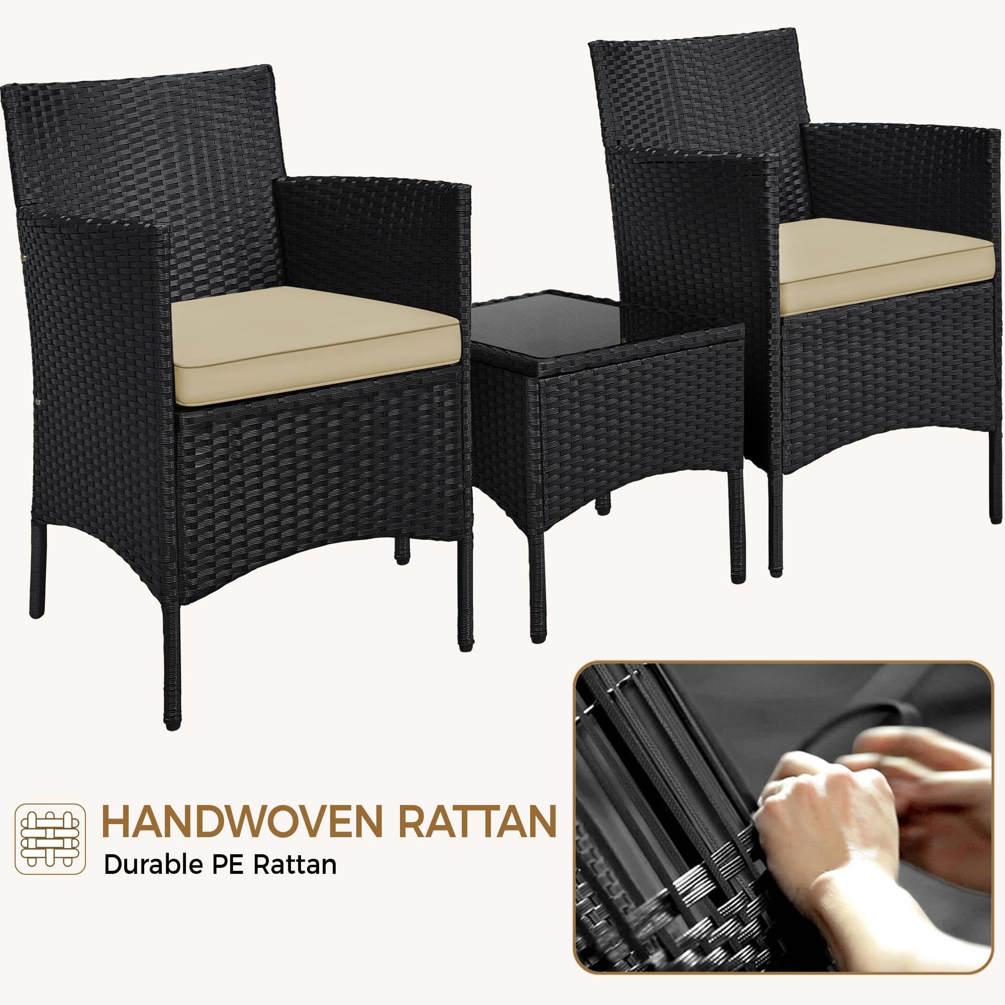 Yaheetech 3 Pieces Patio Conversation Set, Outdoor Rattan Bistro Furniture, 2 Chairs with Cushions & 1 Side Table for Bistro/Porch/Garden/Deck/Courtyard, Black/Khaki
