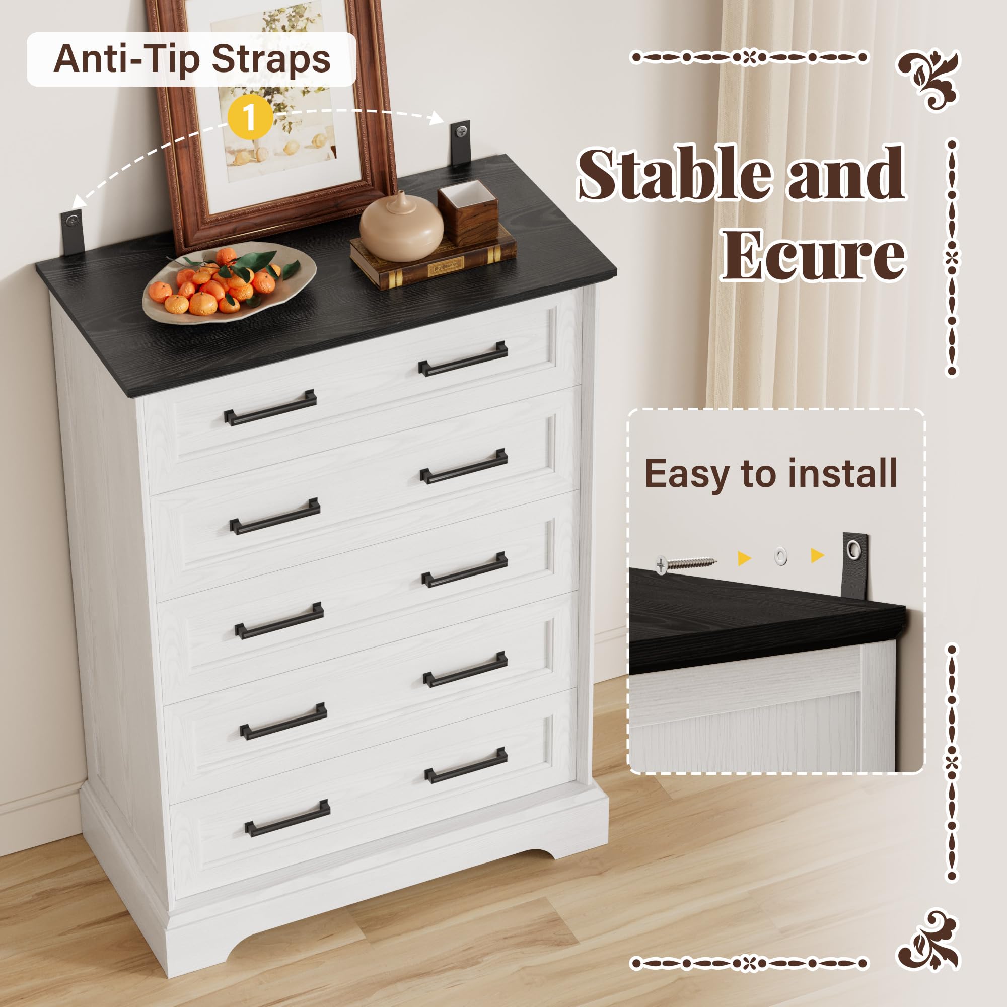 Furmax Farmhouse Dresser for Bedroom, 5 Drawers Dresser, Wood Chest of Drawers, 31.5" Wide Storage Dressers Organizer for Bedroom, Living Room (White and Black)