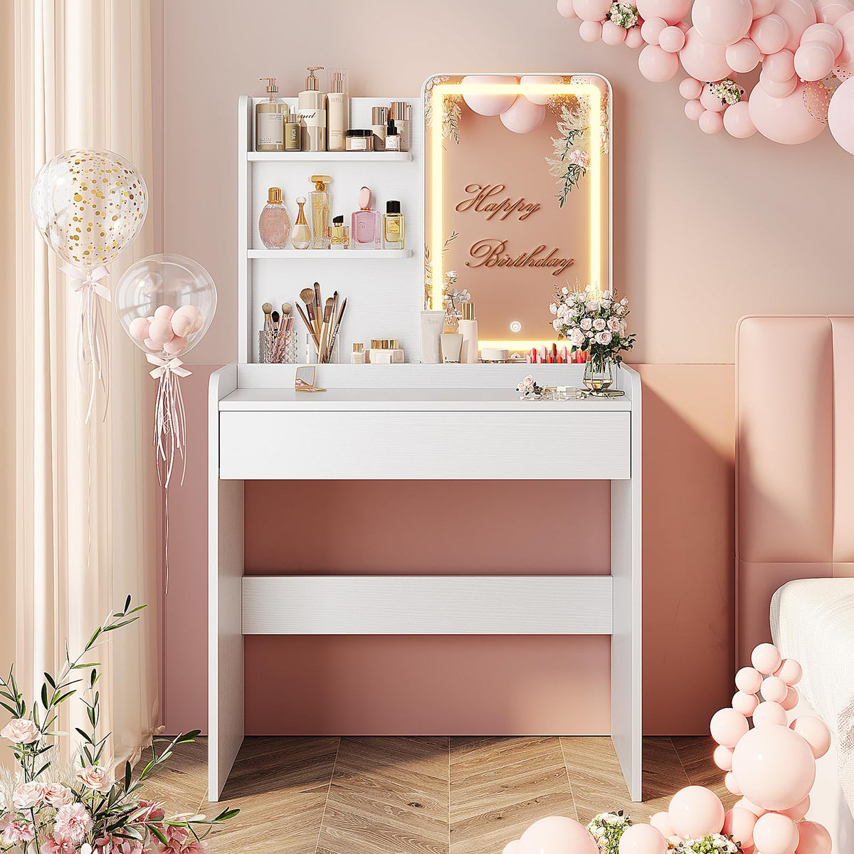 Memobarco White Small Makeup Vanity Desk with Drawer & Storage Shelves