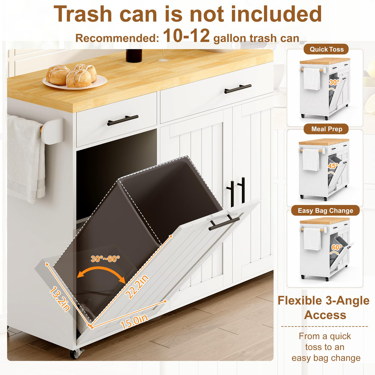 DreamDashio 65" Kitchen Island with Drop Leaf, Rolling Island with Spice Rack & Towel Rack, Mobile Kitchen Island Cart with 2 Draws & Trash Storage Cabinet, Portable Island Table on Wheels for Kitchen