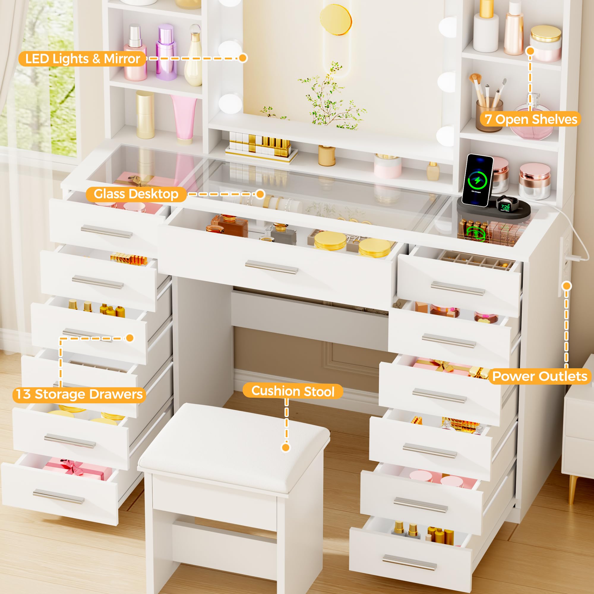 ANWBROAD Large Vanity Desk with Mirror and Lights, White Makeup Vanity Desk with Glass Top,13 Drawers,7 Open Shelves, 3 Colors Dressing Table with Stool Power Outlet for Bedroom Women UBDT18X
