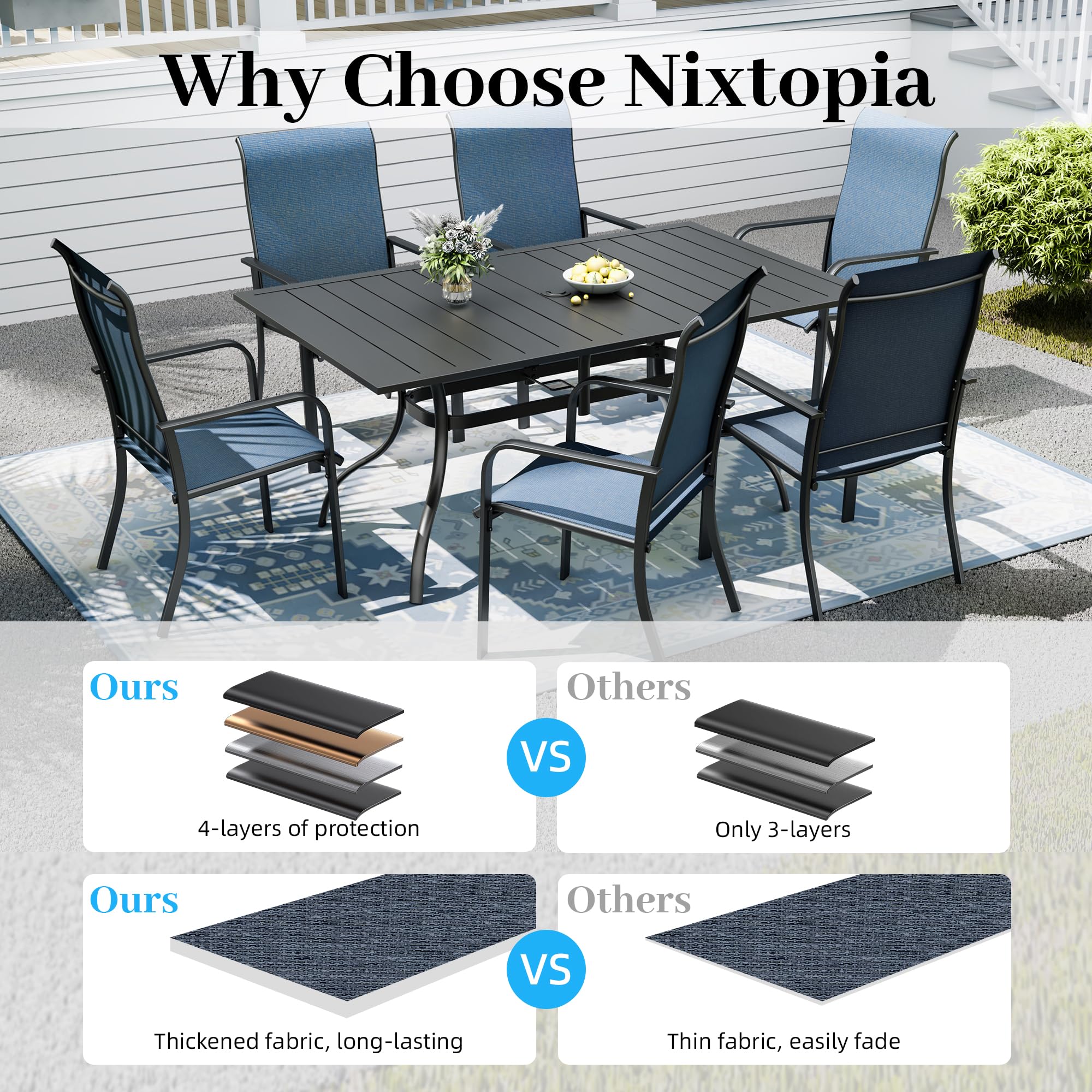 Nixtopia 7-Pieces Patio Dining Furniture Set,63" Big Size Metal Patio Table with Umbrella Hole,Stackable 6pcs Outdoor Dining Chairs,Perfect for Garden Backyard Lawn Poolside