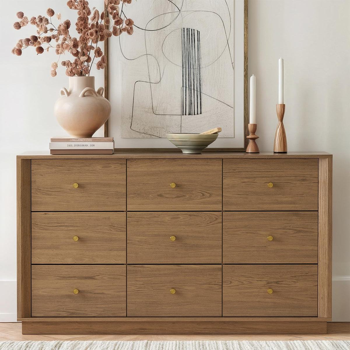 FORTUNETEC 55" Wide 9 Drawer Dresser for Bedroom, Walnut