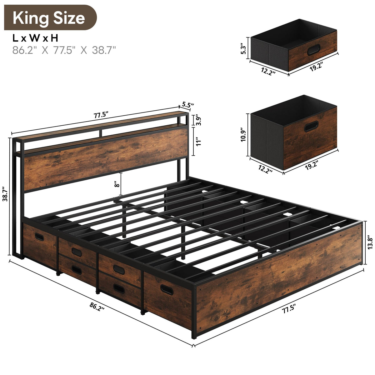 LIKIMIO King Size Bed Frame with 12 Storage Drawers and Headboard