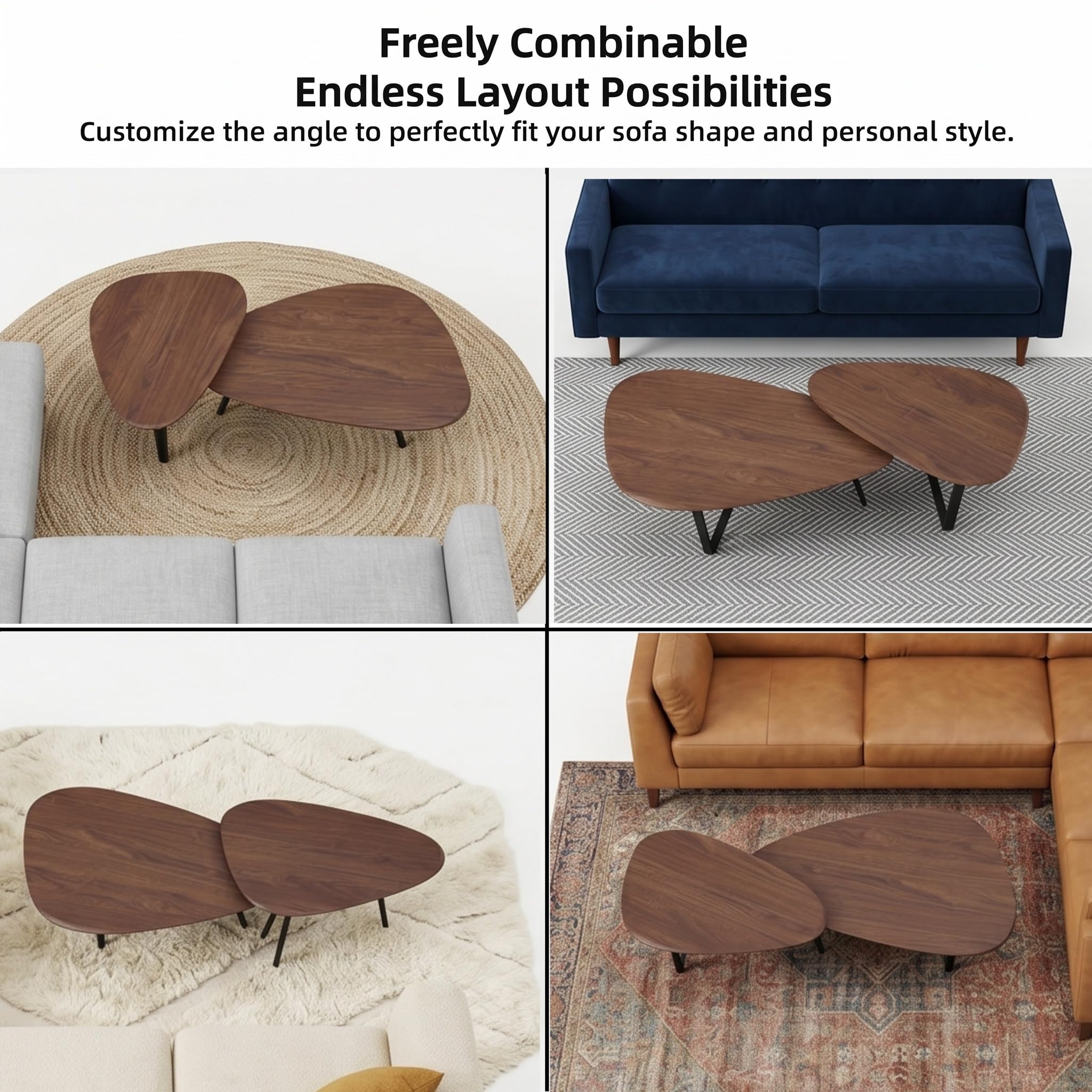 DURISEN Nesting Coffee Table Set of 2-Mid Century Modern Wooden Coffee Table,Guitar Pick Stacking Tables with Solid Wood Legs,Small Coffee Tables for Small Spaces,Living Room,Apartment(Walnut)