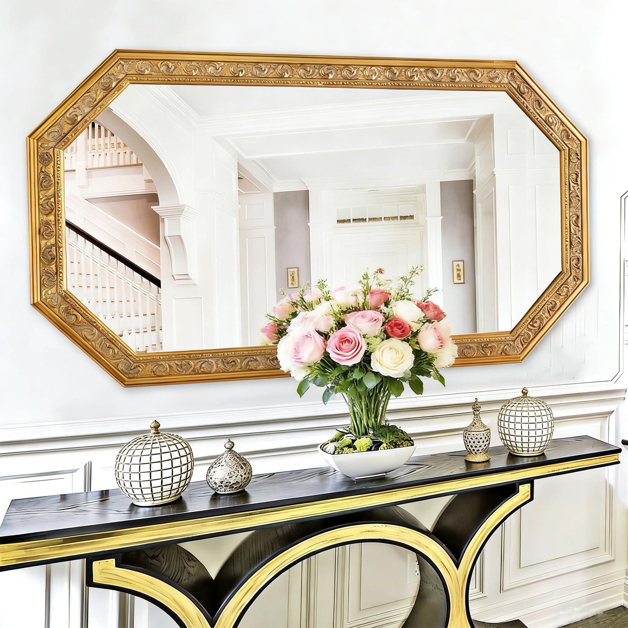 Octagonal Gold Wall Mirror with Carved Wood Frame