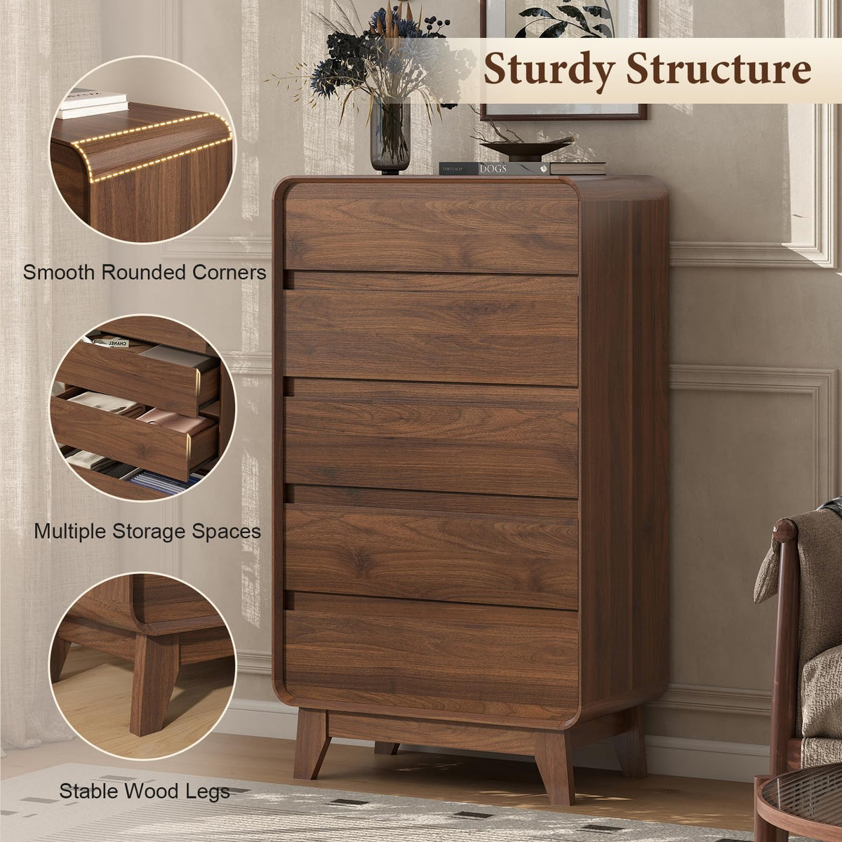 Walnut 5-Drawer Dresser