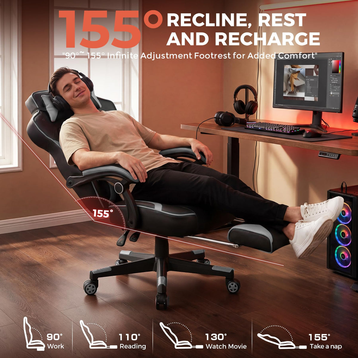 GTPLAYER Gaming Chair with Footrest, 350LBS Big and Tall Office Chair, Ergonomic High Back Lumbar Support and Recliner for Back Pain Relief, Moon Gray