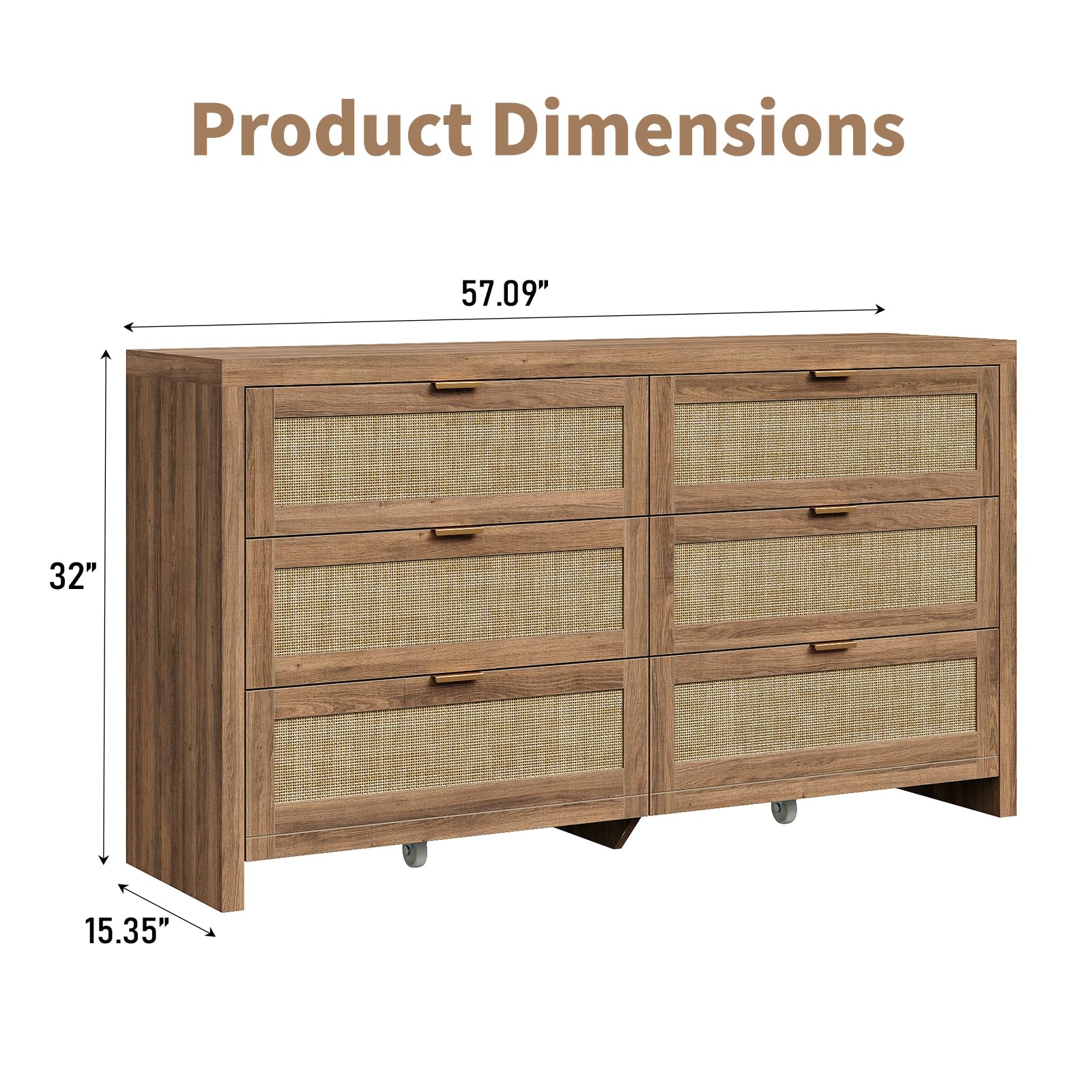 Cozynome 6 Drawers Dresser for Bedroom, 57” Rattan Dresser with Ample Storage, Boho Chest of Drawers, Wooden Dresser with Metal Handle, Rattan Dresser for Closet, Living Room, Entryway, Natural