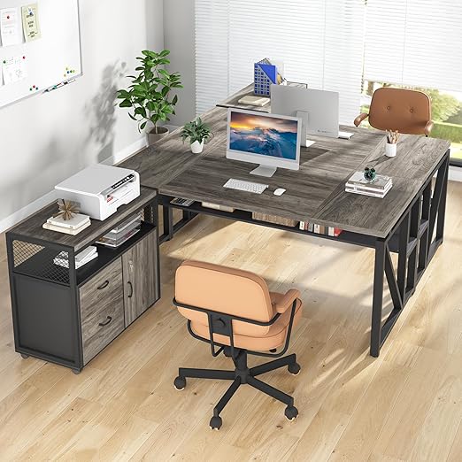 L-Shaped Executive Desk with File Cabinet & Drawers, 63"