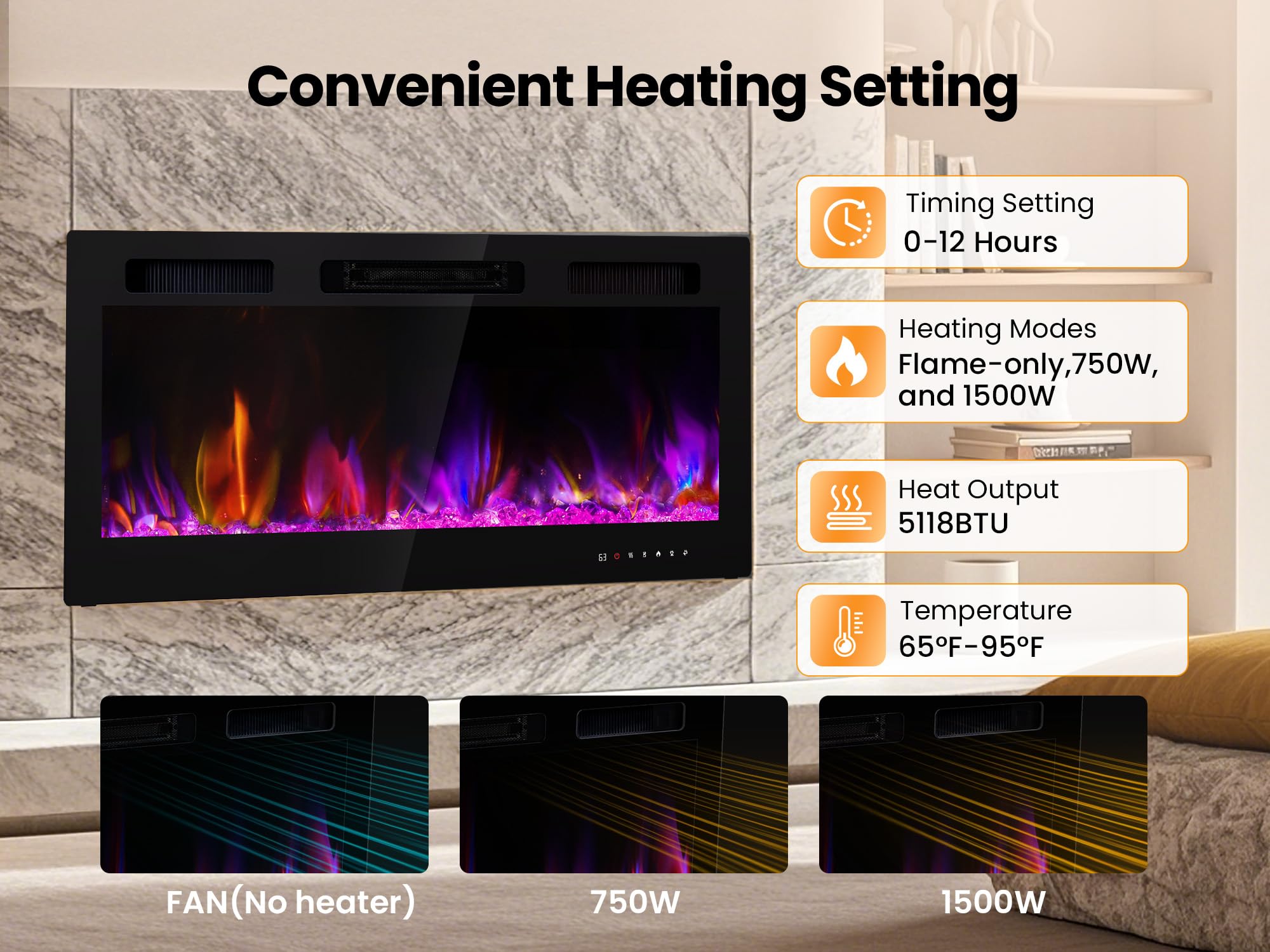 Wall-Mount Electric Fireplace with Heater