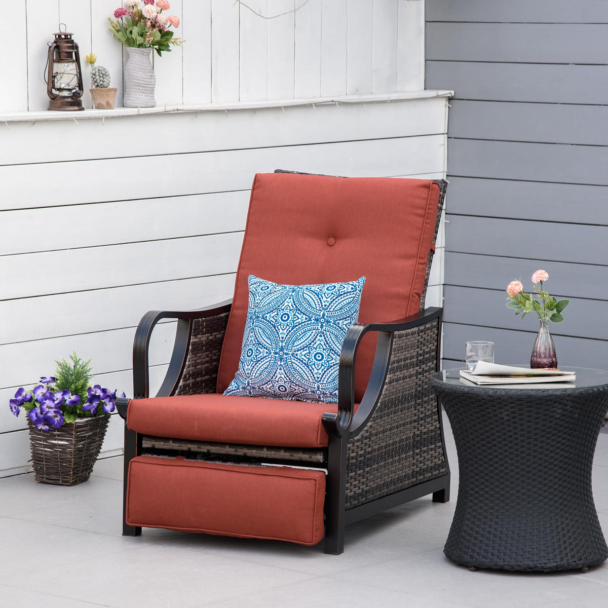 Outsunny Outdoor Recliner Chair with Cushion, Rust-Resistant Aluminum Frames PE Wicker Patio Lounge Chaise Chair with Adjustable Reclining Backrest and Footrest, Pillow, Red