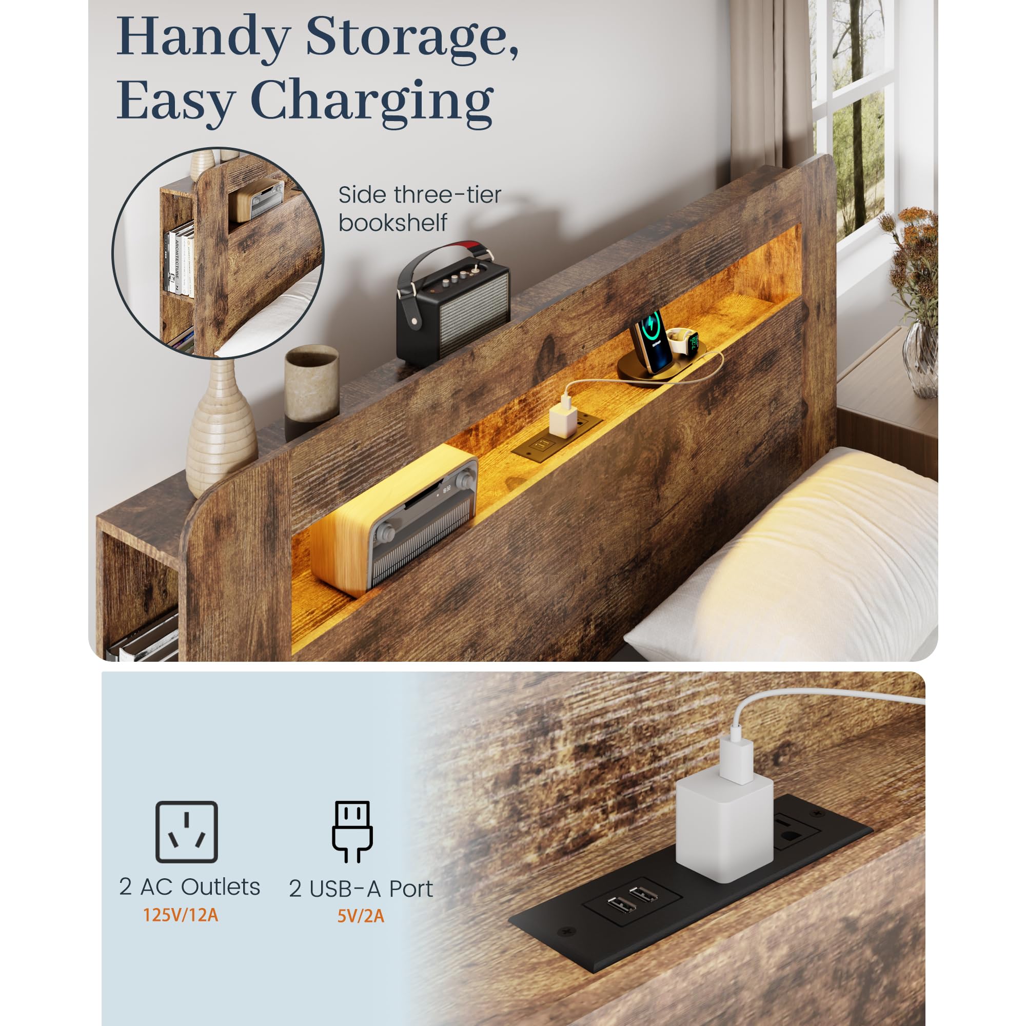 Wooden Platform Bed Frame with Storage Headboard, Charging Station & LED Lights