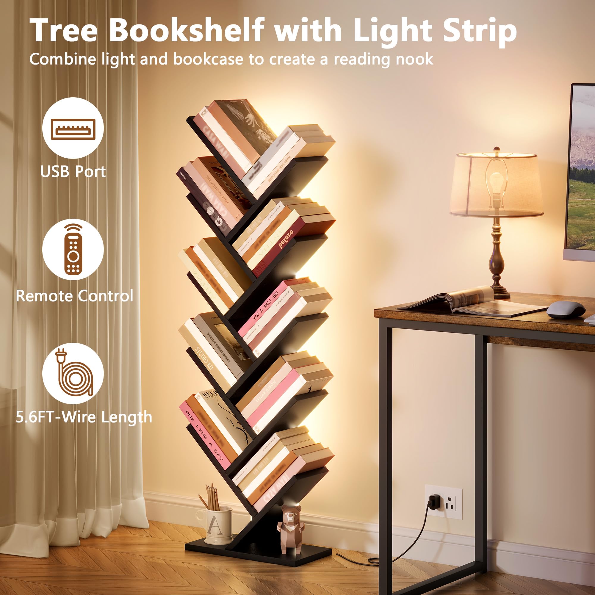 Hoctieon 10 Tier Tree Bookshelf, Tall Bookcase, Freestanding Book Shelf with LED Lights, Display Floor Standing Storage Shelf, Book Organizer Shelves for Home Office, Living Room, Black