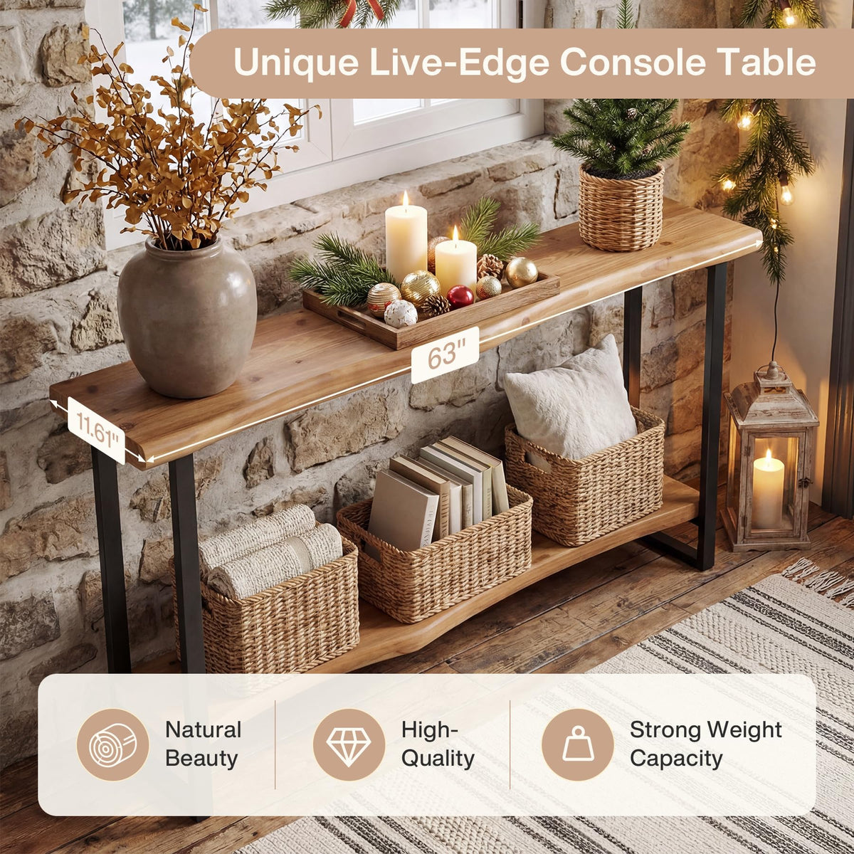Tribesigns 63" Solid Wood Console Table with Metal Legs, Farmhouse Entryway Entry Table for Entrance, Narrow Long Sofa Table BEehind Couch for Living Room, Brown