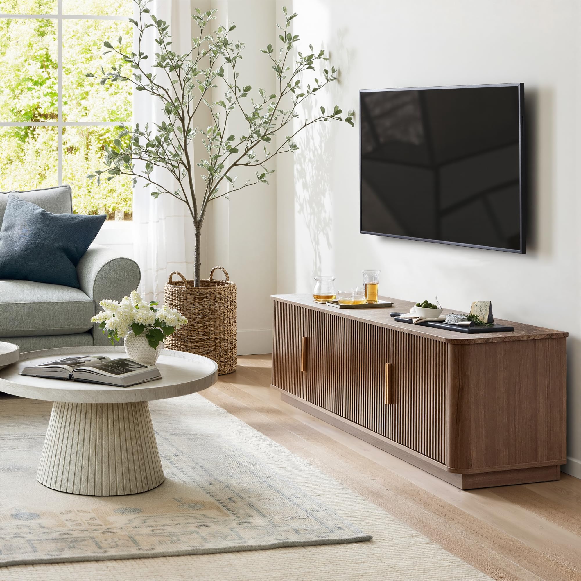 win2win 67" TV Stand for 80 Inch TV, Mid Century Modern Fluted Entertainment Center with Faux Marble Top, Curved Corners, Minimalist Media Console with Storage for Living Room Bedroom, Walnut