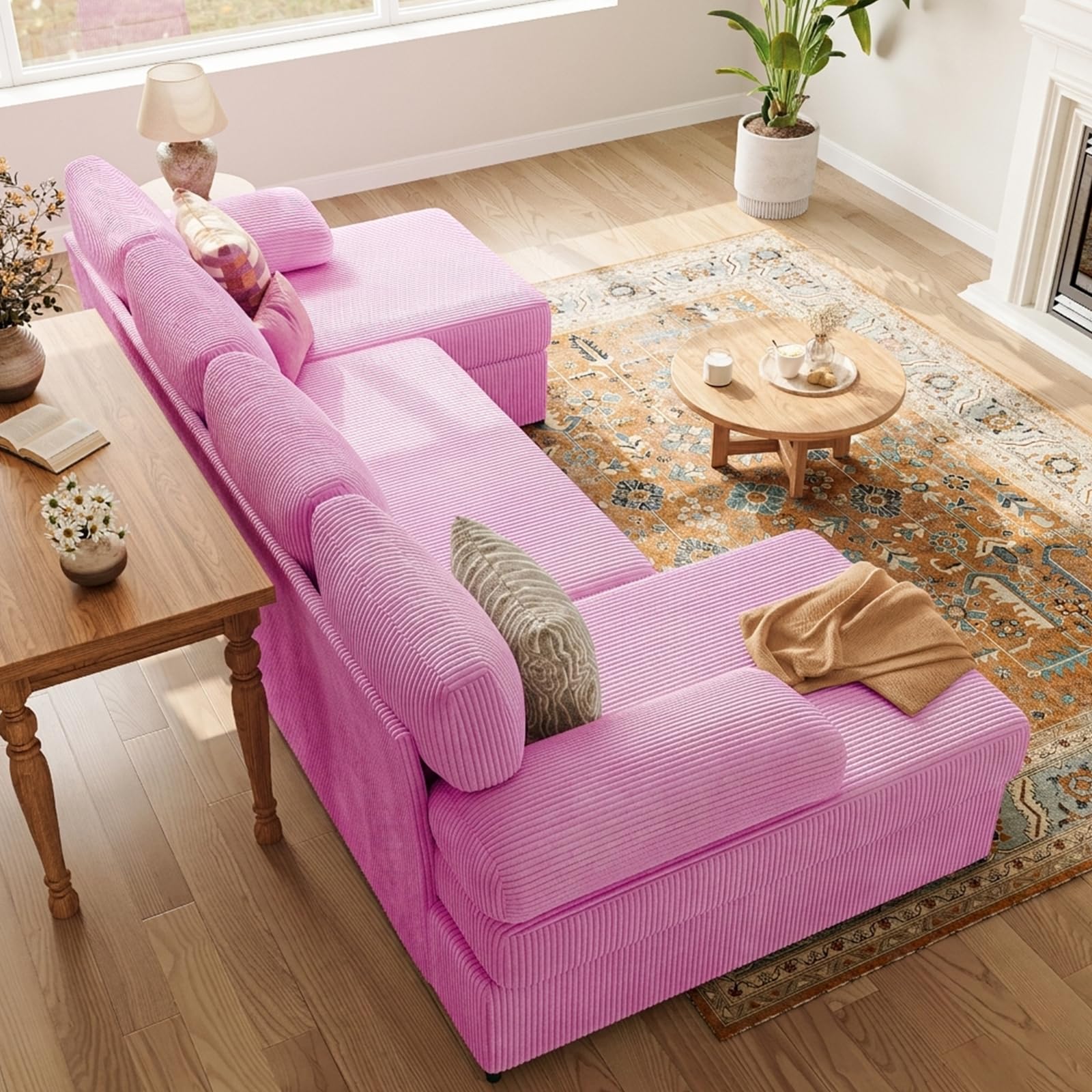 TROMIRY 112 Inch U Shaped Sectional Couch for Living Room Apartment 4 Seater Corduroy Sofa for Apartment | Pink