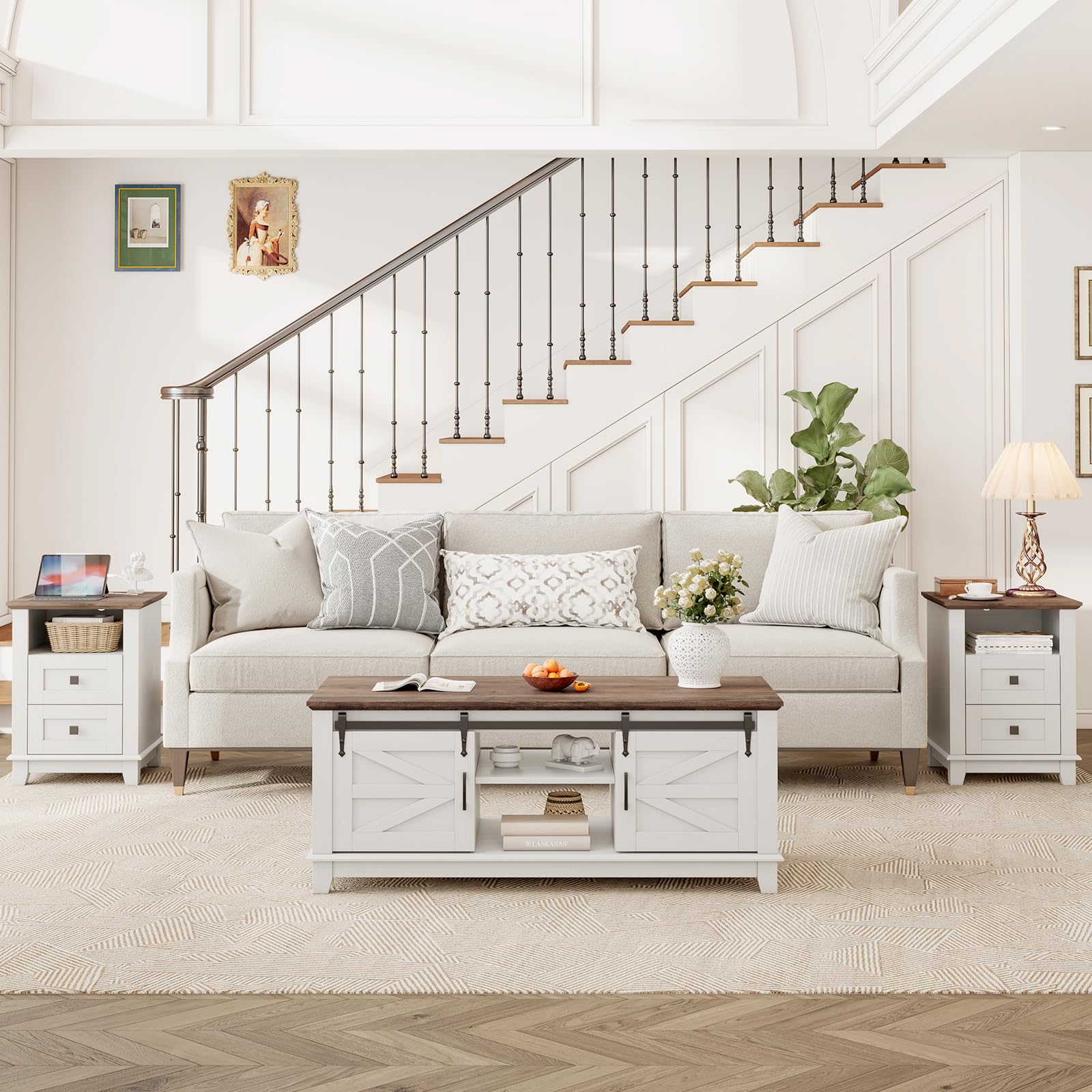 LUXOAK Farmhouse Nightstand Set of 2 with Charging Station, End Tables with 2 Storage Drawers & Open Shelf, Rustic Wood Bedside Tables for Bedroom, Living Room & Office, White/Barnwood