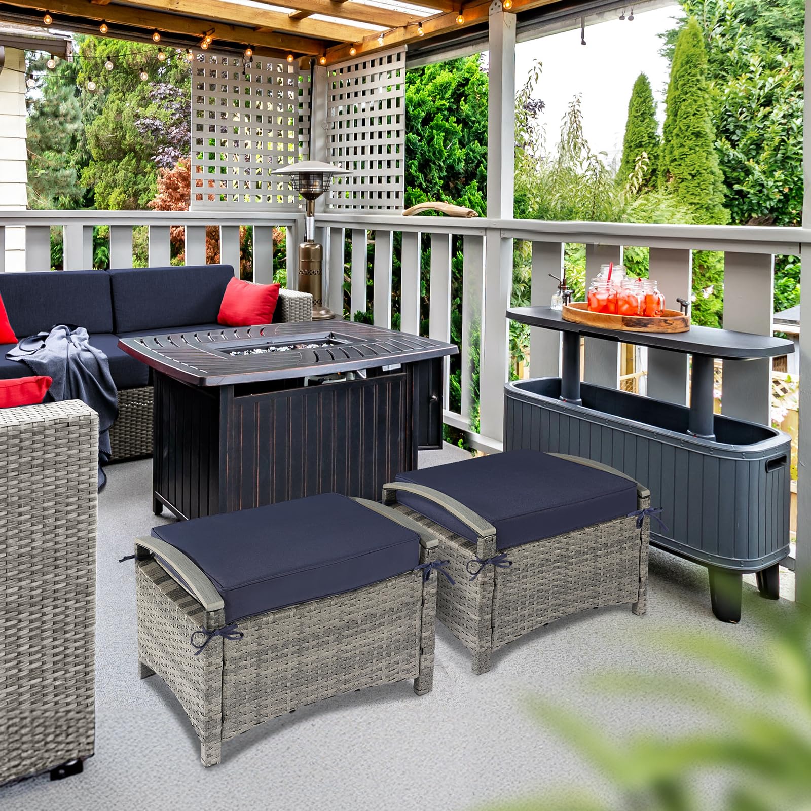 Wicker Outdoor Ottoman with Removable Cushion – PE Rattan, 400 lb Capacity
