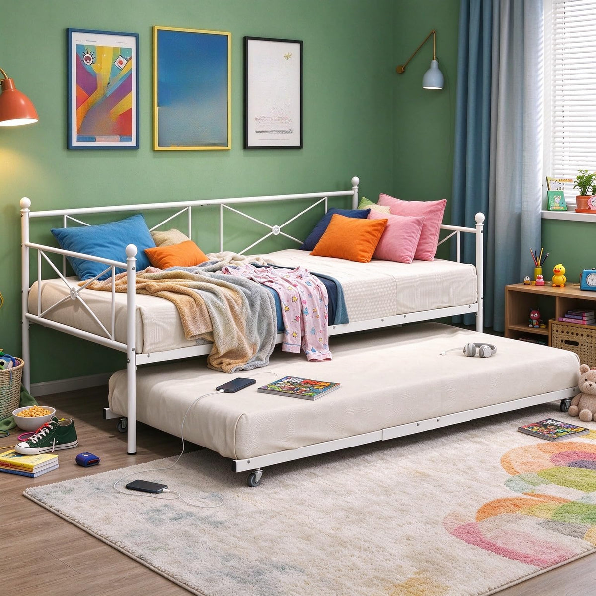 ARFARLY Sofa Bed Daybed with Trundle Premium Steel Slat Support,Multifunctional Mattress Foundation,Sofa Bed Frame with Headboard,Twin,White