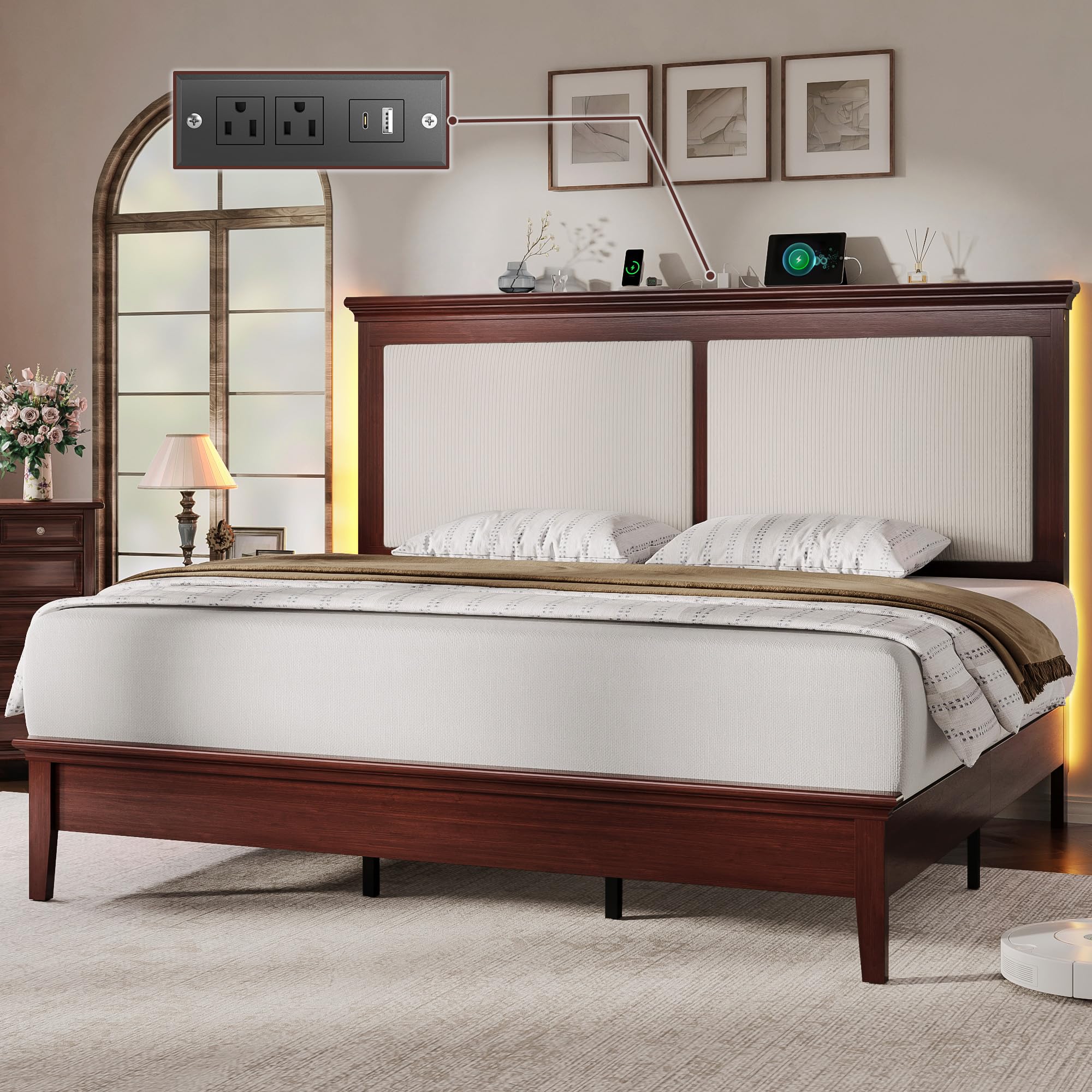 Lifezone Queen Bed Frame with Headboard, Solid Wood Bed Frame Queen Size with Charging Station & RGB LED, Wood Slats Support, Noise-Free, Sturdy Structure, Easy Assembly, Mahogany