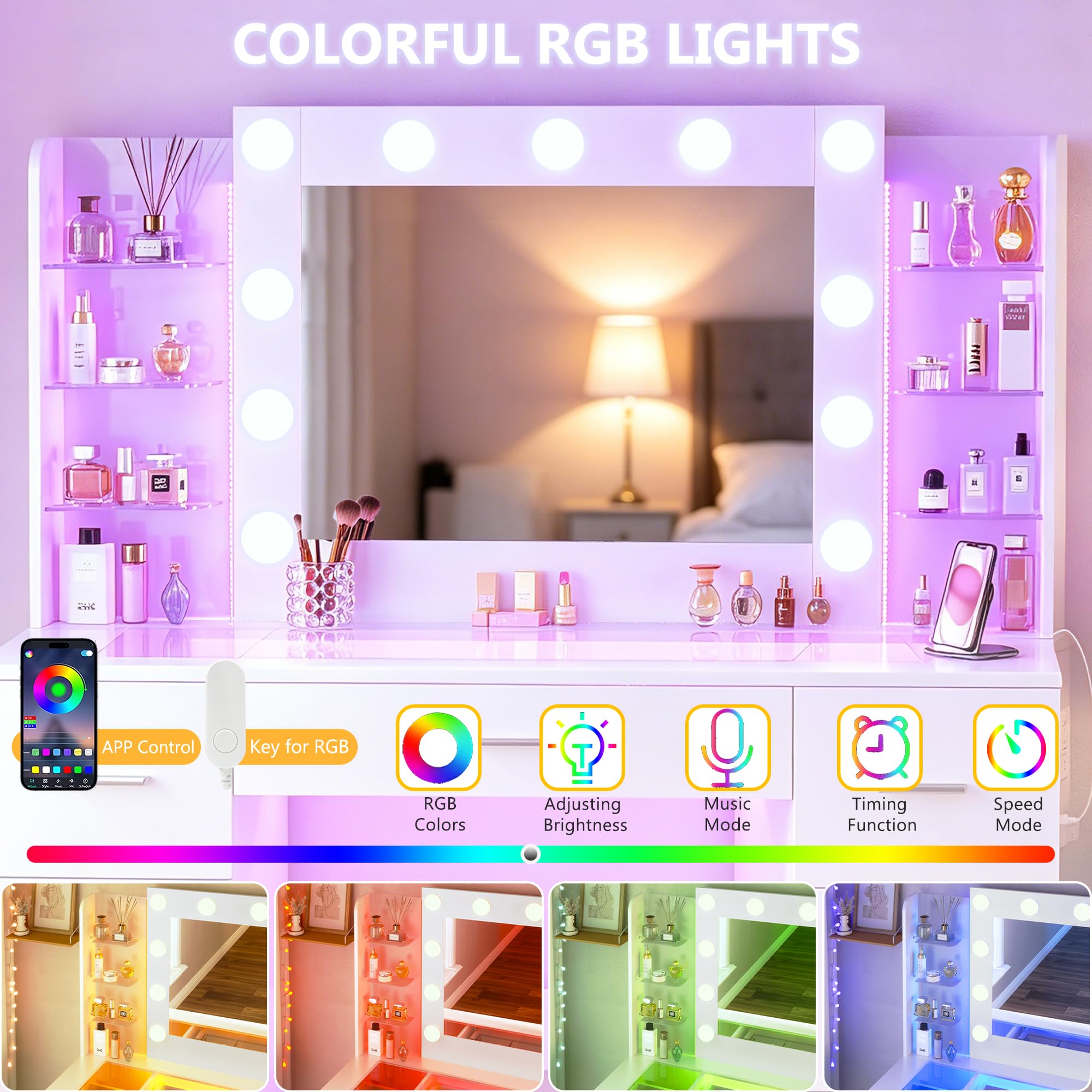 HUAHUU Vanity Desk with Mirror and Hollywood Lights, Makeup Vanity 6 Backlit Open Shelves with Frosted Panel & RGB Light, Transparent Top, Power Outlet, 7 Drawers & Storage Organizer for Bedroom