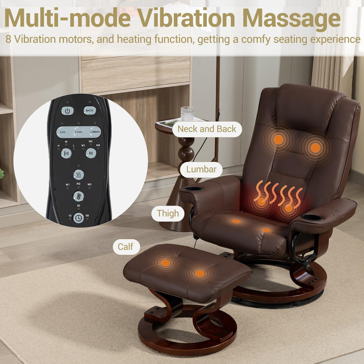 WENTUM Massage Recliner with Ottoman, Swivel Wood Base, Accent Chair, Faux PU Leather Lounge Chair with Footrest for Living Room Bedroom, Brown