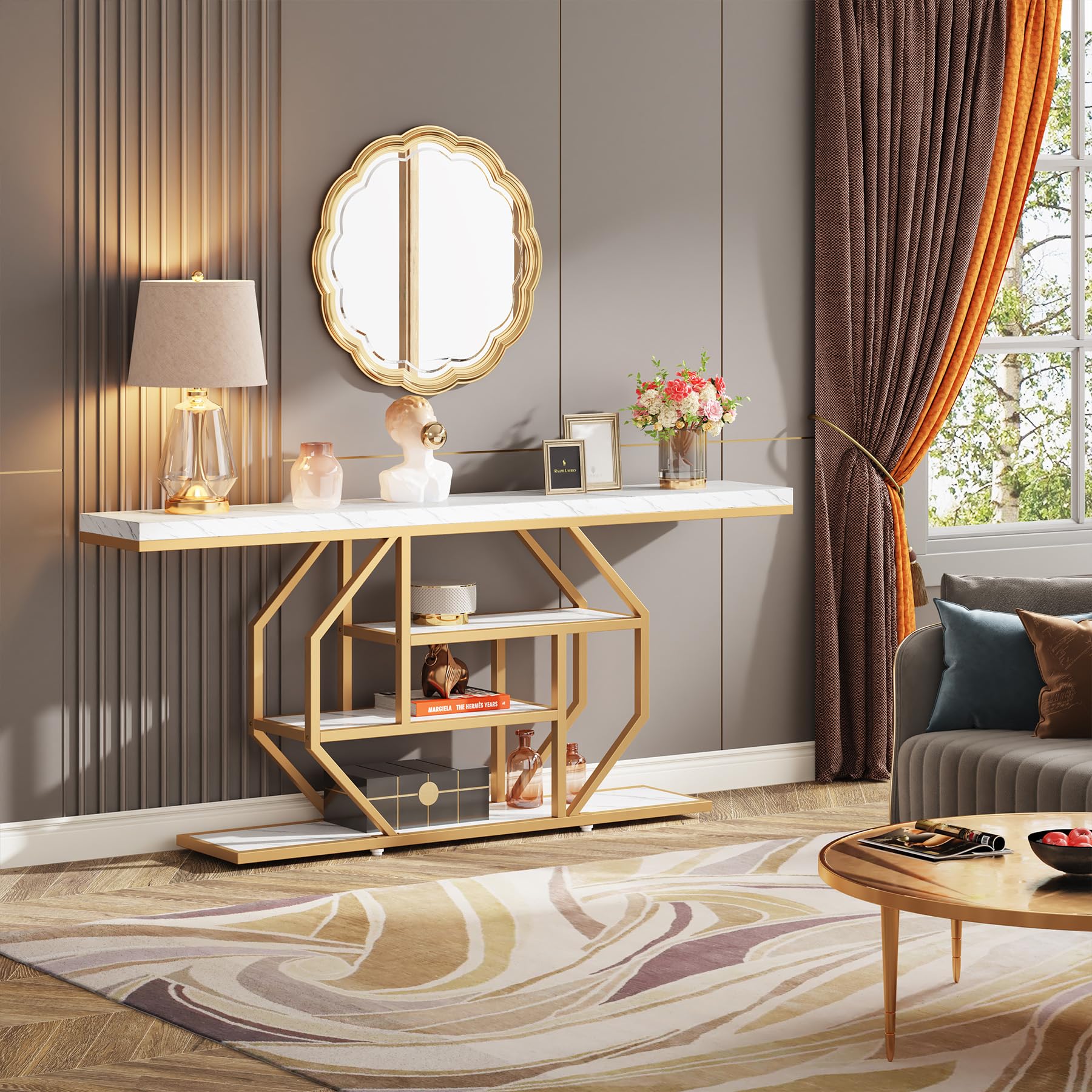 Tribesigns 70.9 inch Extra Long Console Table, Modern Gold Sofa Table Behind Couch with Storage, 4 Tier Entryway Accent Table for Living Room, Hallway, Entrance, Faux Marble White