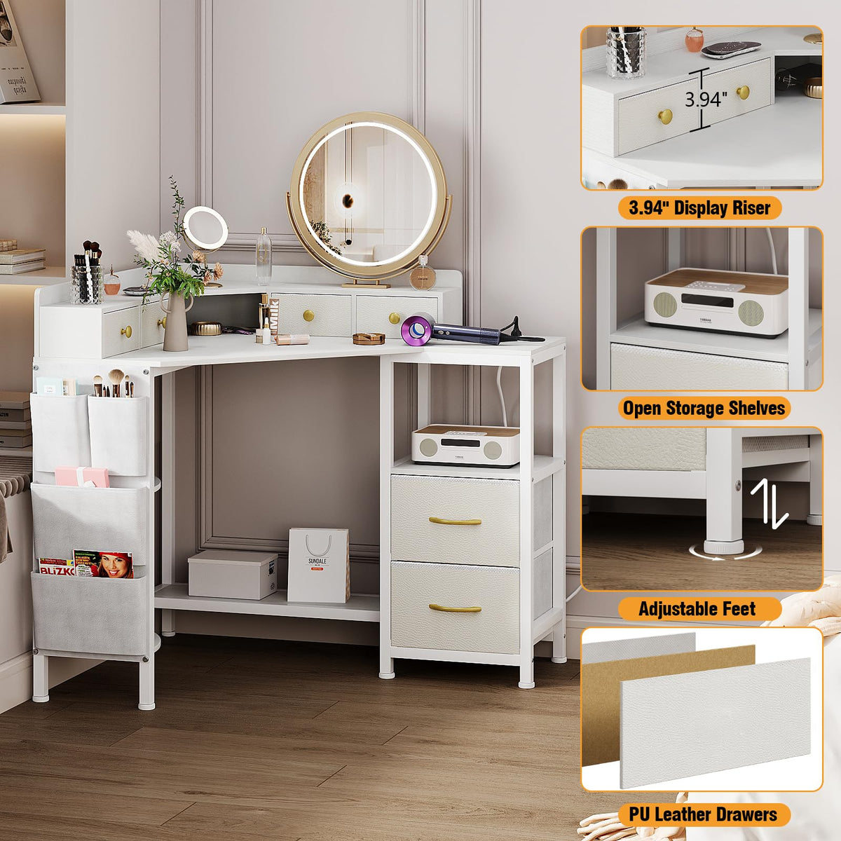 Corner Vanity Desk with Charging Station