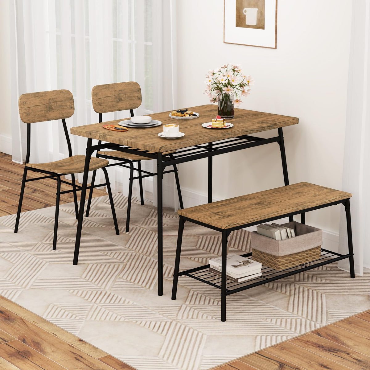 GOFLAME 4-Piece Dining Table Set for 4, Industrial Rectangular Kitchen Table with Bench and 2 Chairs, Storage Racks, Metal Frame, Space-Saving Dinette Set for Dining Room, Living Room, Breakfast Nook