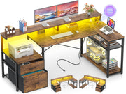 L-Shaped Desk with File Drawer, Power Outlet & LED Strip