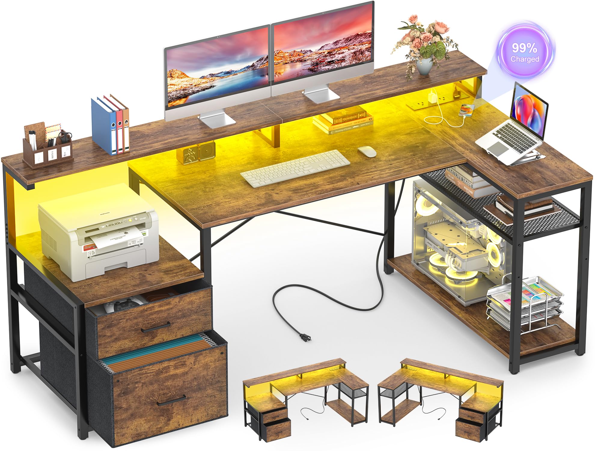 Aheaplus L Shaped Desk with File Drawer, Reversible L Shaped Computer Desk Gaming Desk with Power Outlet & LED Strip, Home Office Desk Corner Desk with Monitor Shelf, Storage Shelves, Rustic Brown